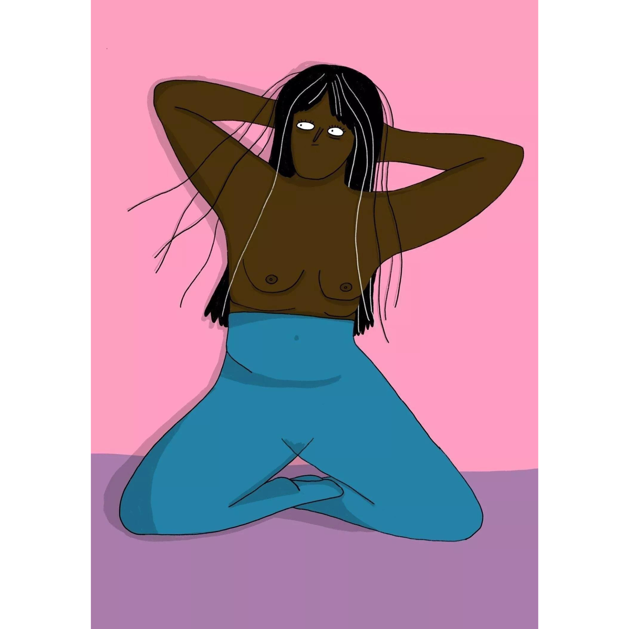 Illustration einer Person mit langen Haaren in blauen Leggings, die kniet und die Arme hinter dem Kopf verschränkt hat.