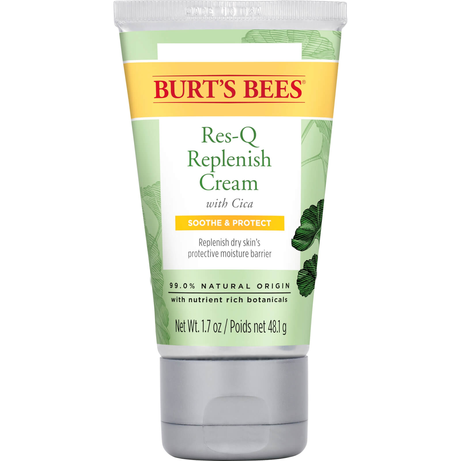 Eine 1,7 oz Tube Burts Bees Res-Q Replenish Cream mit Cica, beschriftet, um die Haut zu beruhigen und zu schützen, 99% natürlichen Ursprungs mit reichhaltigen pflanzlichen Stoffen, mit einem gelben und grünen Design.