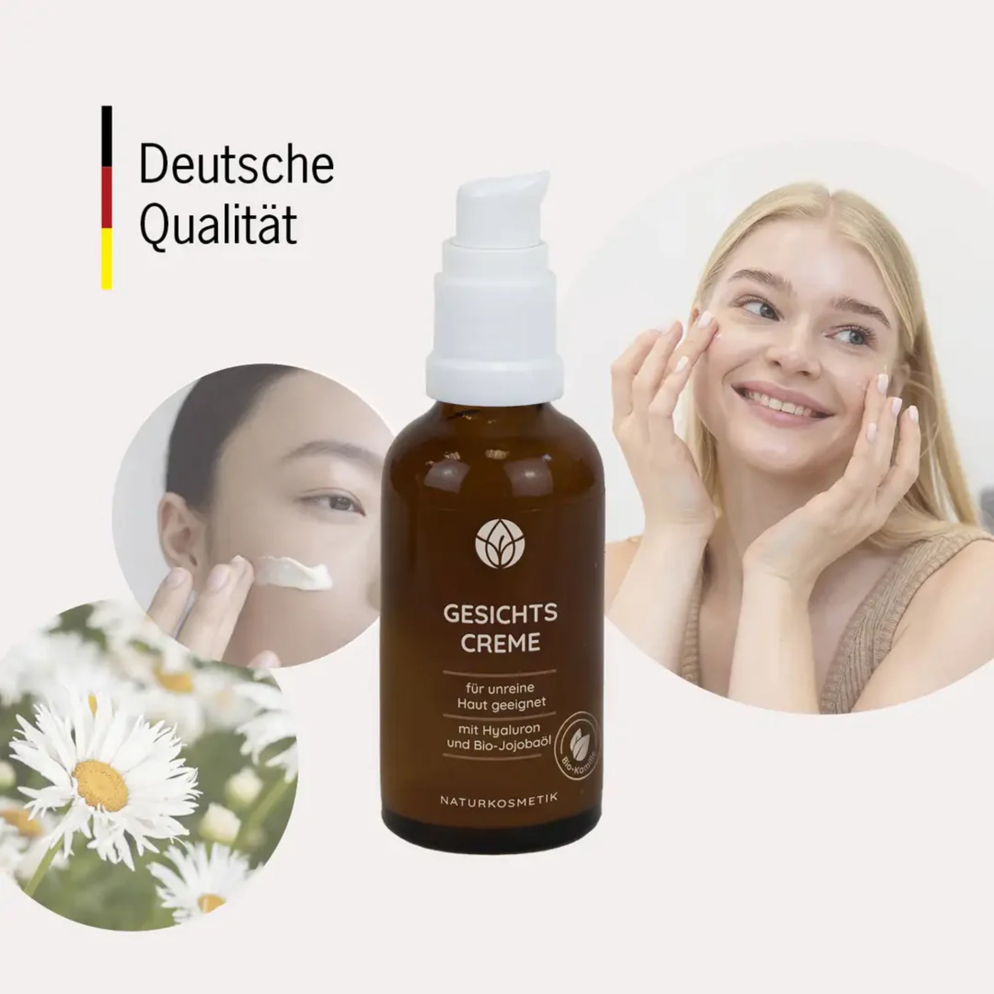 Braune Gesichtscreme-Flasche vor Bildern von lächelnder Frau und Blumen, mit Schriftzug "Deutsche Qualität".
