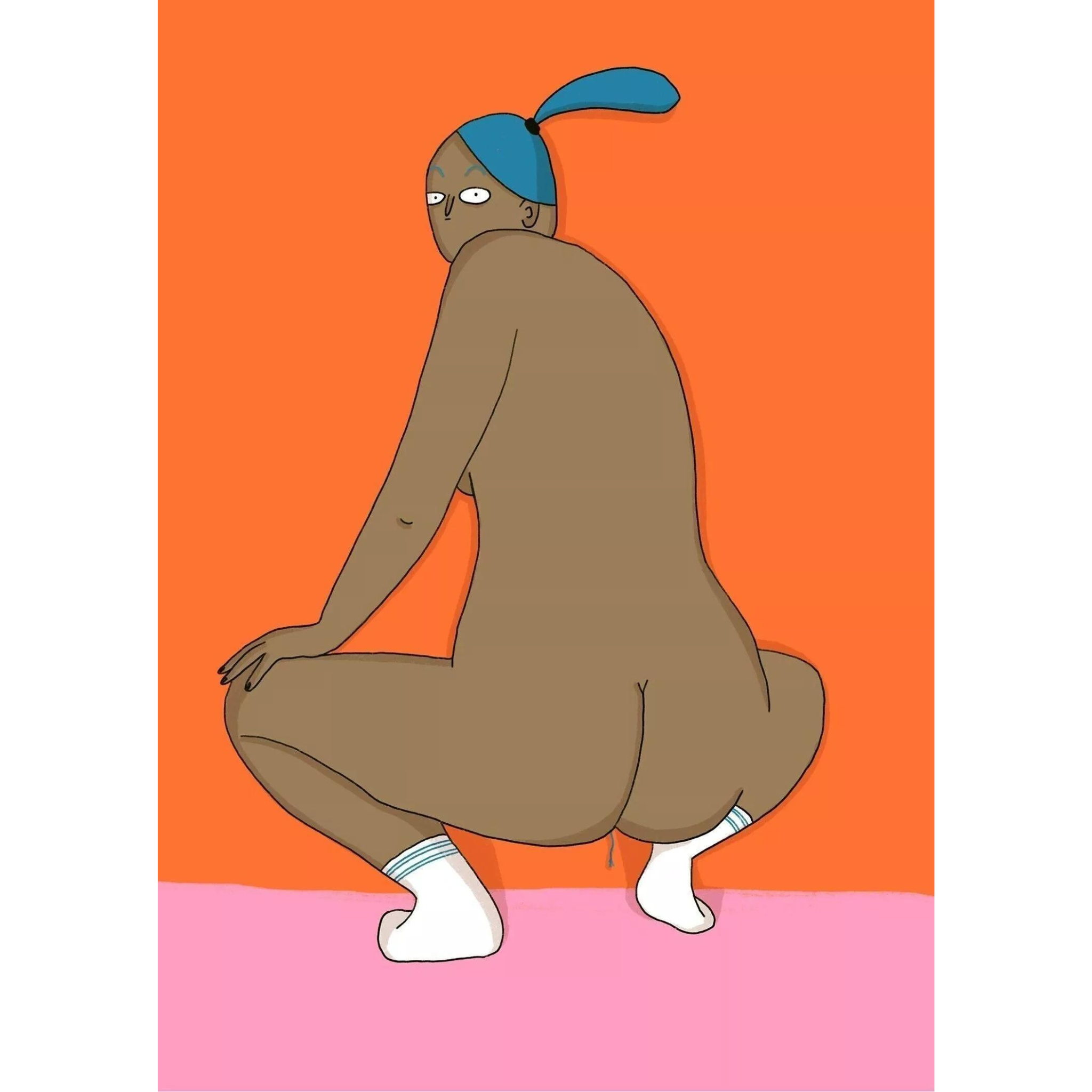 Illustration einer nackten Person mit blauer Kopfbedeckung, die hockt und nach hinten schaut, auf orangefarbenem Hintergrund.