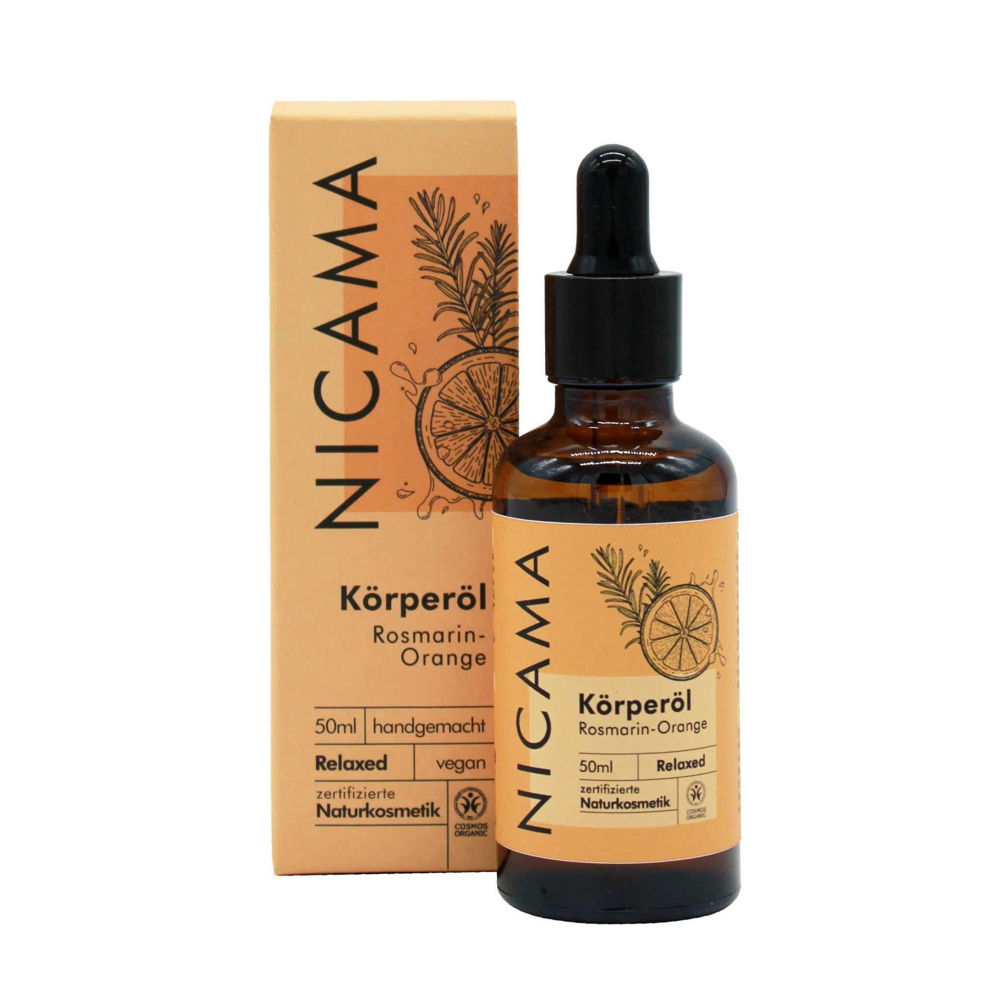 Braunes Glasfläschchen mit Pipette vor Pappschachtel, beschriftet mit "NICAMA Körperöl Rosmarin-Orange".
