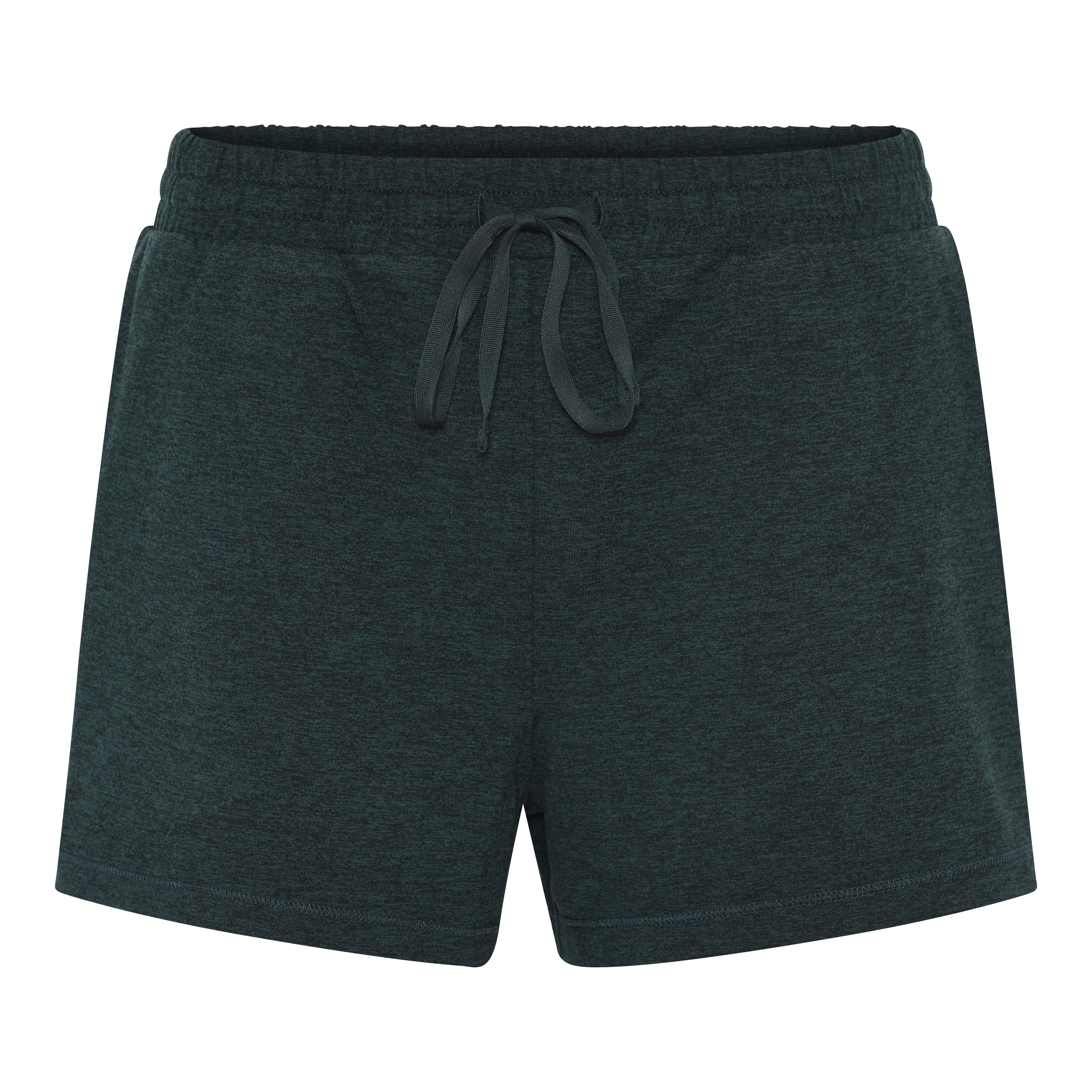 Dunkelgrüne Sportshorts mit elastischem Bund und verstellbarem Kordelzug, abgebildet auf einem einfarbig weißen Hintergrund.