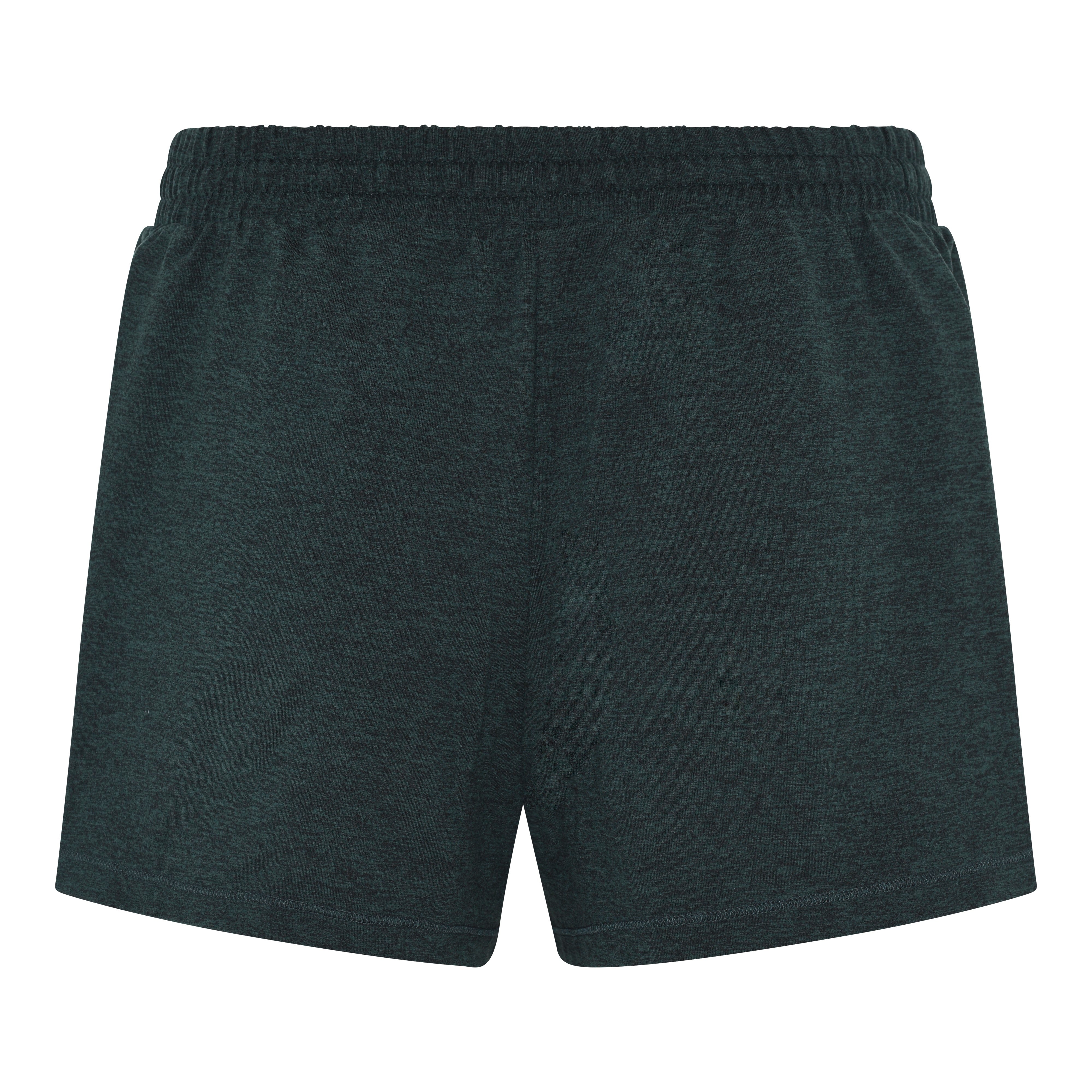 Dunkelgrüne Sportshorts mit einem elastischen Bund, von vorne auf weißem Hintergrund dargestellt. Die Shorts haben ein einfaches Design, ohne sichtbare Logos oder Muster.
