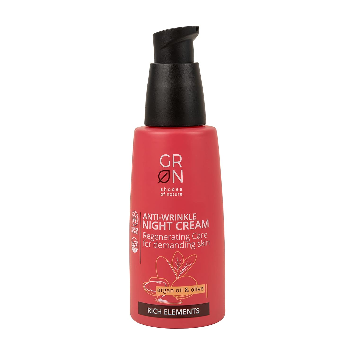 Eine rote Flasche GRN Anti-Wrinkle Night Cream mit schwarzem Pumpspender für regenerierende Pflege mit Argan- und Olivenöl für die anspruchsvolle Haut.