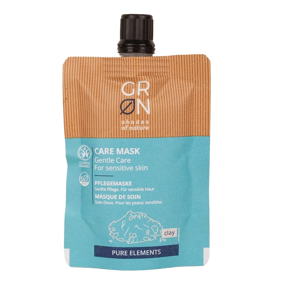 Ein Beutel CRON Care Mask für empfindliche Haut, mit der Aufschrift Gentle Care und Pure Elements. Die Verpackung ist meist türkis mit einem braunen Deckel und einer schwarzen Kappe. Das Produkt wird als Tonmaske beschrieben.