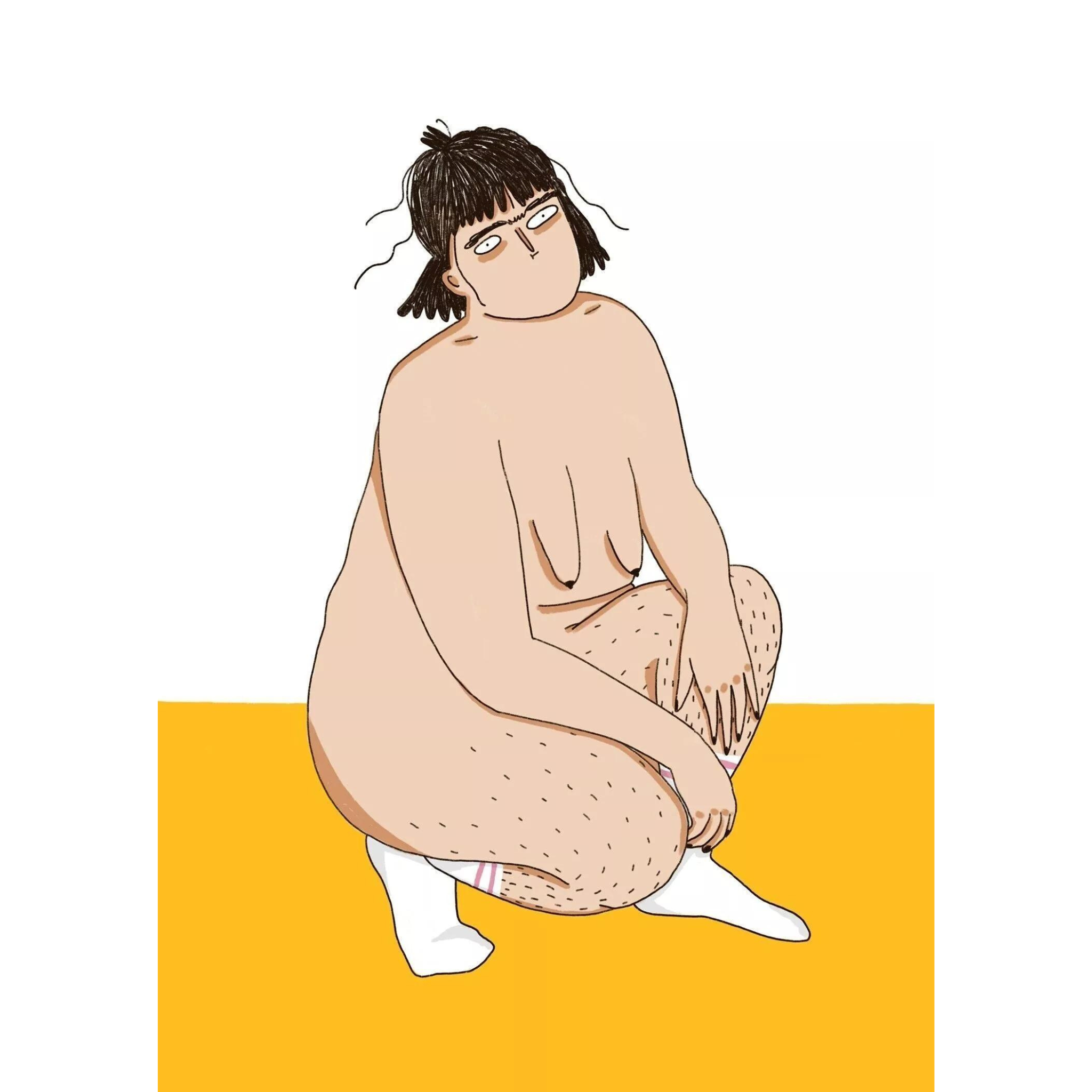 Illustration einer sitzenden nackten Person mit hellen Socken auf einem gelben Boden vor weißem Hintergrund.