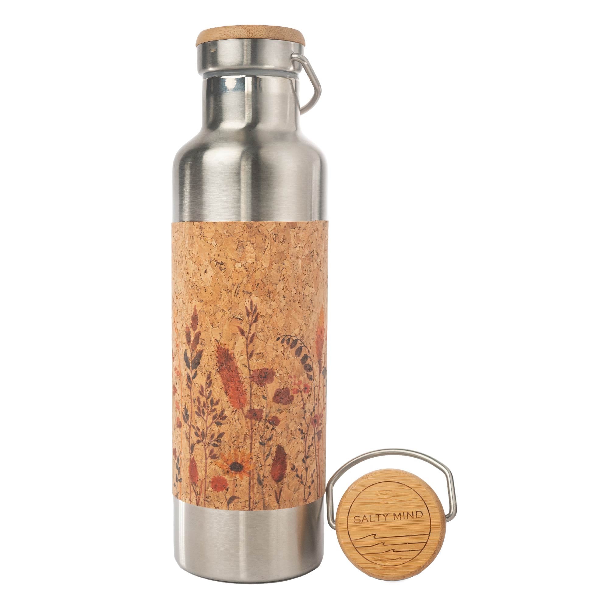 Trinkflasche aus Edelstahl und Kork mit floralen Mustern und passendem Verschluss.