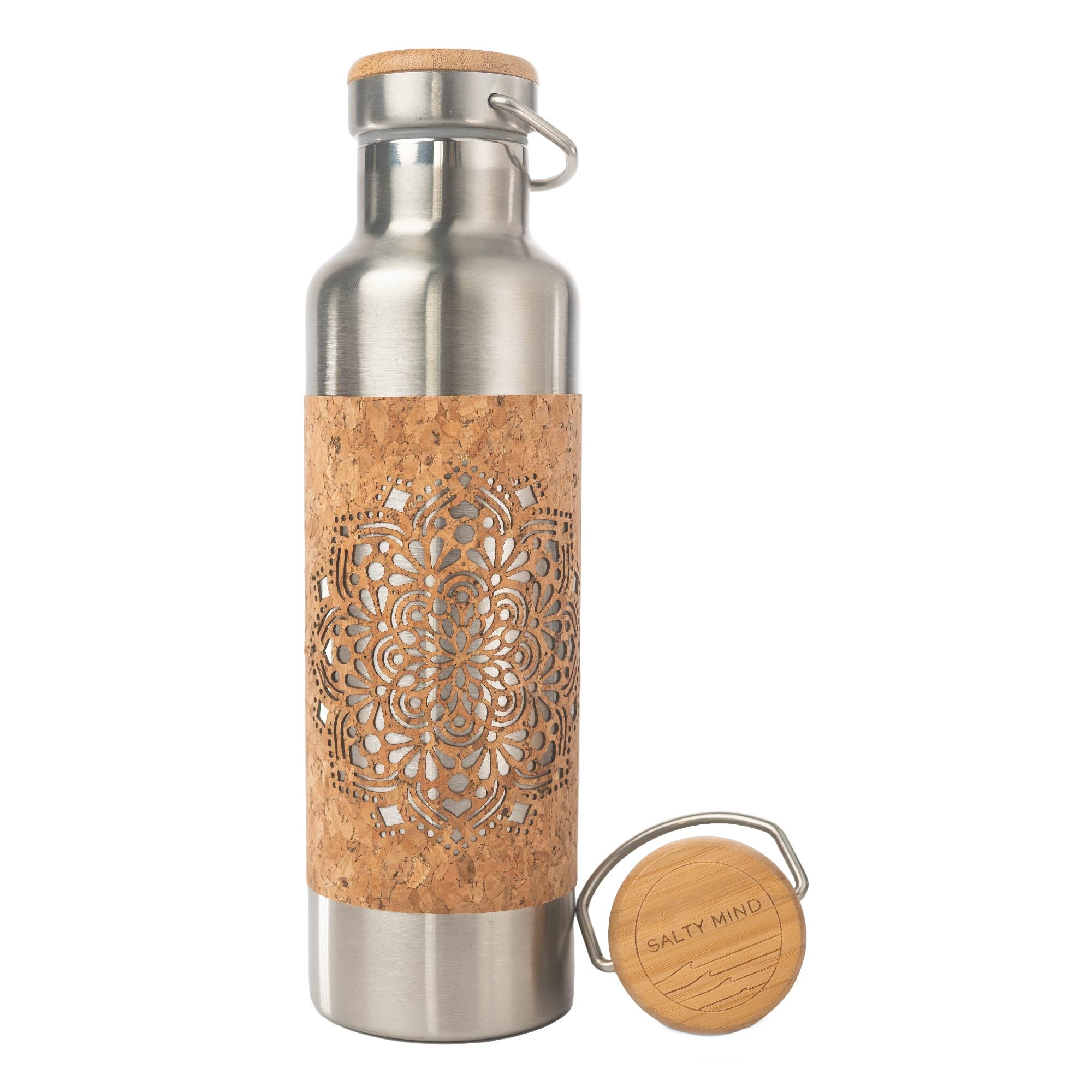 Edelstahlflasche mit Korkmuster umwickelt, abnehmbarem Deckel und Gravur "Salty Mind".
