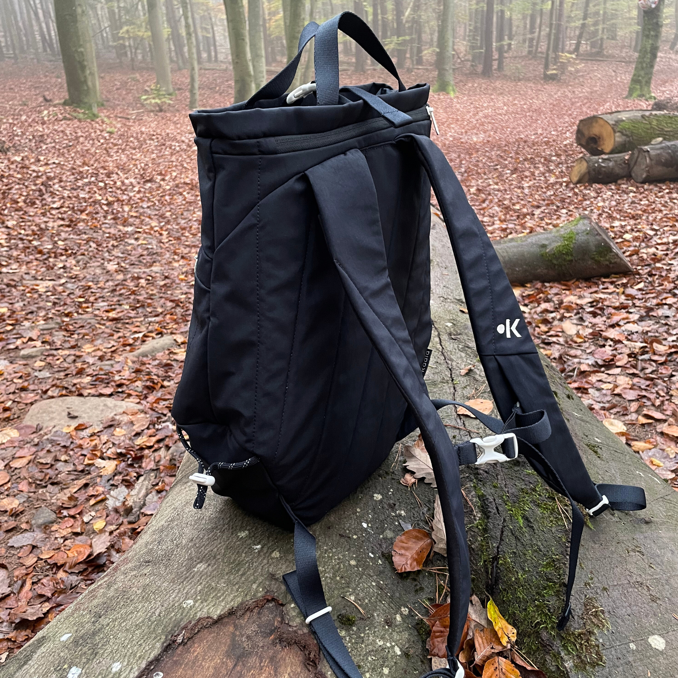 Ein schwarzer Rucksack sitzt auf einem moosbedeckten Baumstamm im herbstlichen, nebligen Wald mit Laub am Boden.
