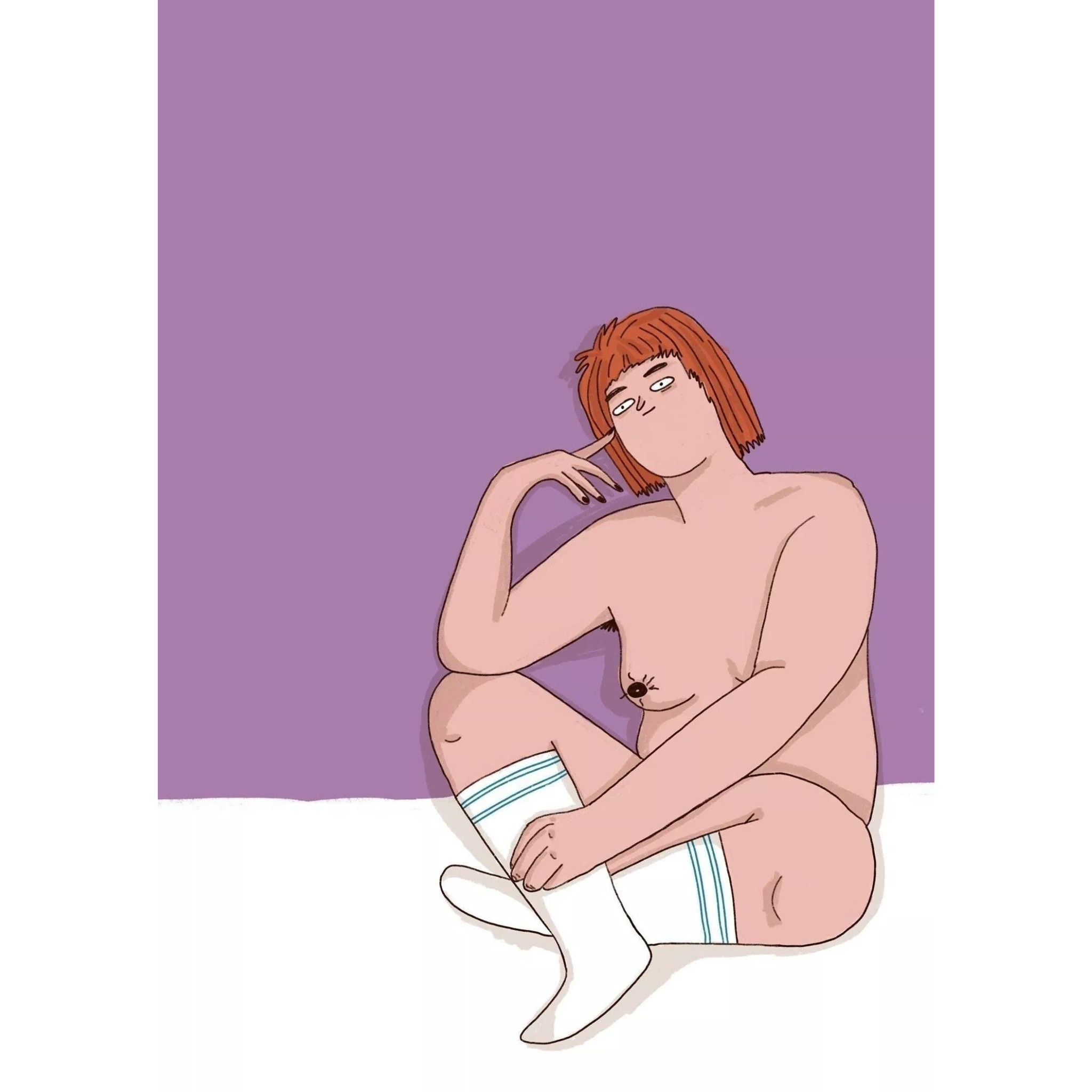 Illustration einer sitzenden Person mit roten Haaren und weißen Socken vor einem lilafarbenen Hintergrund.