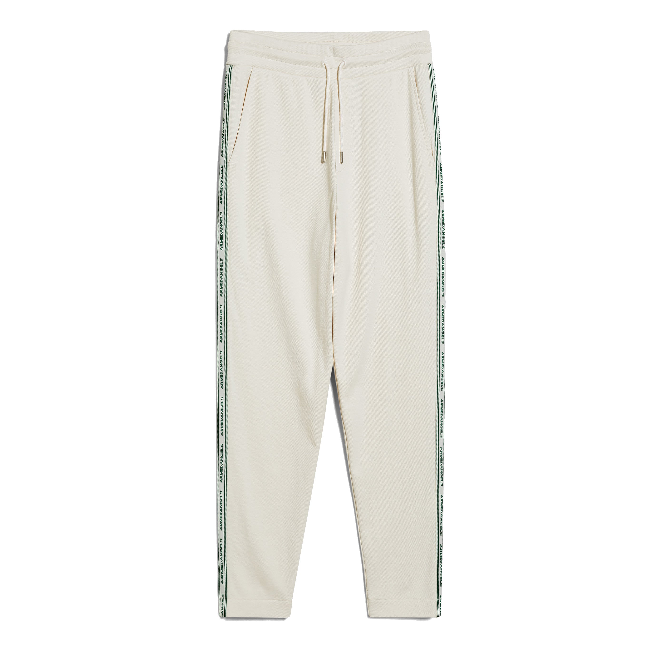 Cremefarbene Jogginghose mit grünen Streifen und Schriftzug entlang der Seitennähte.