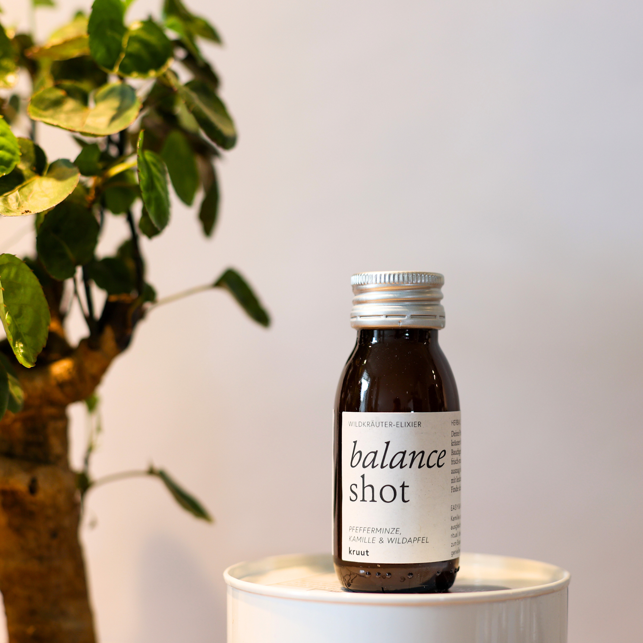Flasche mit "balance shot" Etikett und einem Baum im Hintergrund auf hellem Untergrund.
