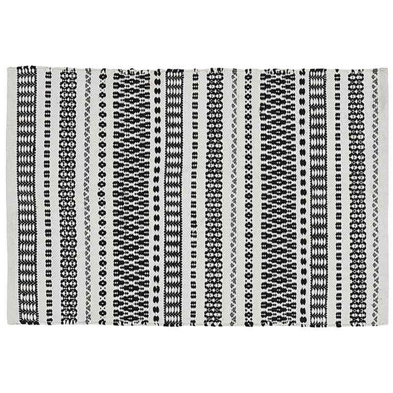 Ein rechteckiger Webteppich mit abwechselnden vertikalen schwarzen und weißen Streifen mit komplizierten geometrischen und gepunkteten Mustern auf hellem Grund.