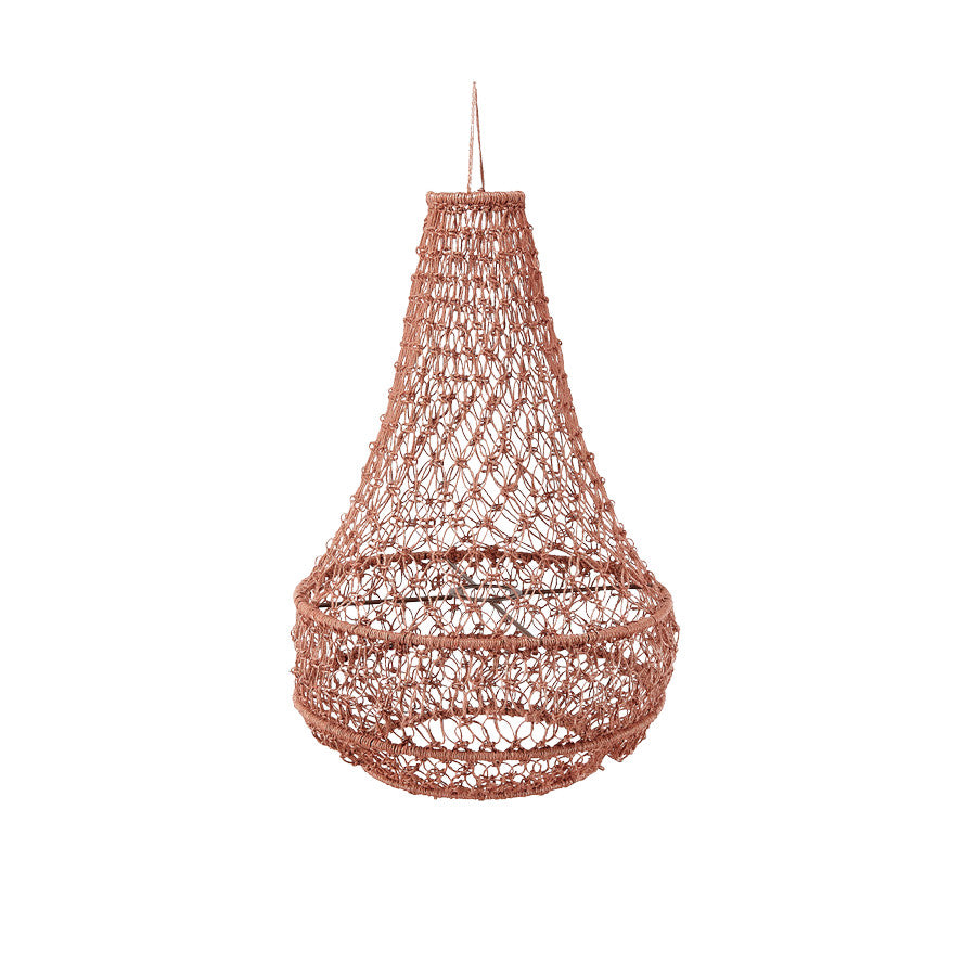 Geflochtene Pendelleuchte in Tropfenform in einem natürlichen Braunton, aufgehängt an einer einzelnen Schnur vor einem schlichten weißen Hintergrund.