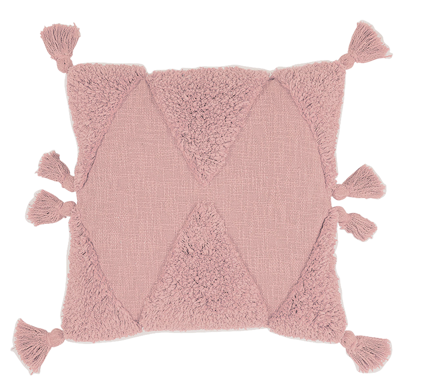 Rosa Kissen mit geometrischem Muster und Quasten an den Ecken.