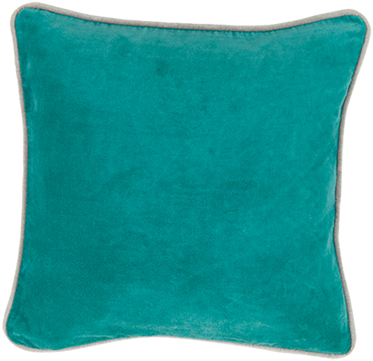 Ein quadratisches tealfarbenes Samtkissen mit hellgrauer Umrandung auf weißem Hintergrund.