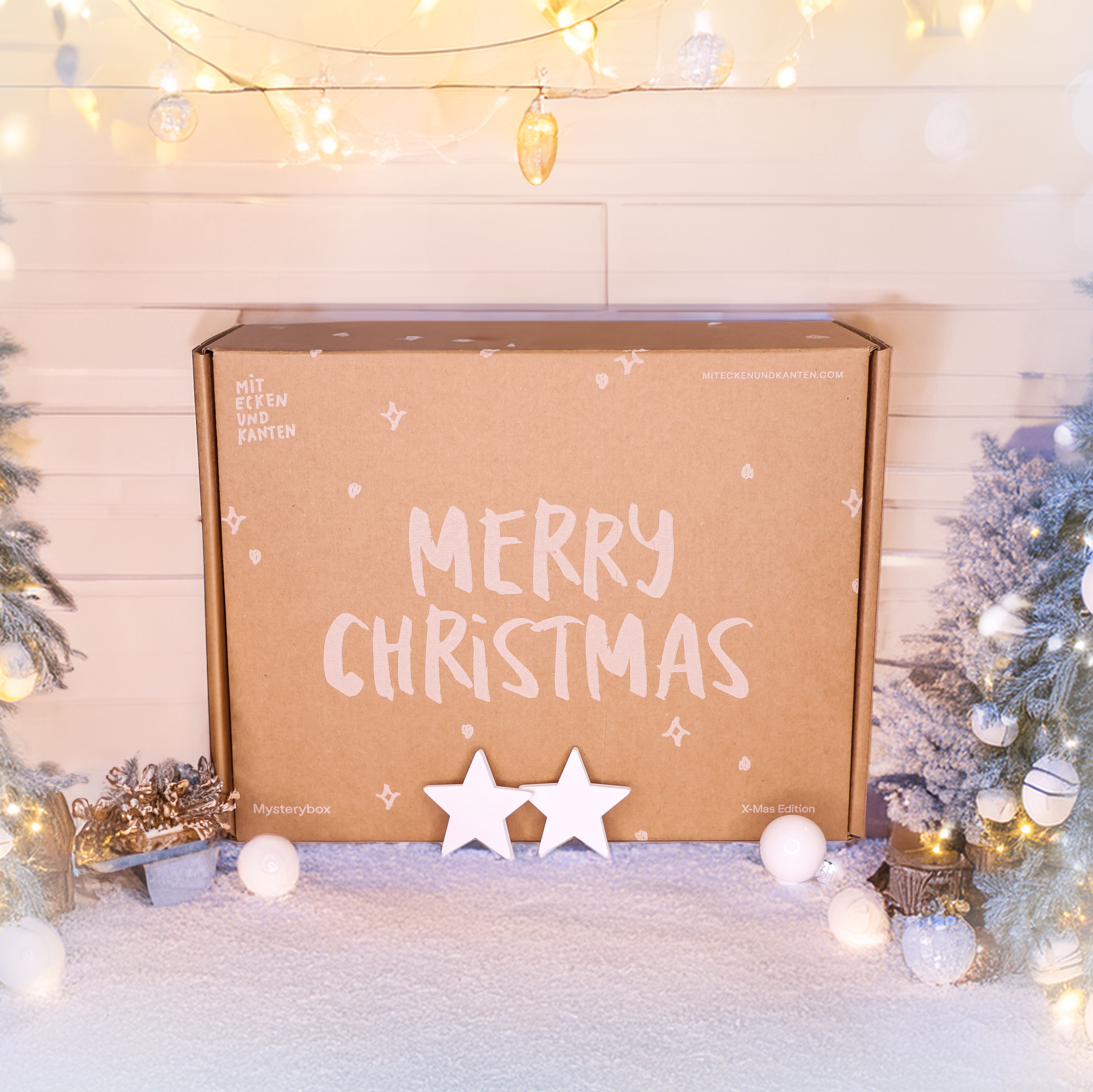 Weihnachtlich dekorierter Raum mit einer großen Box, auf der "Merry Christmas" steht, umgeben von Lichtern und Tannen.