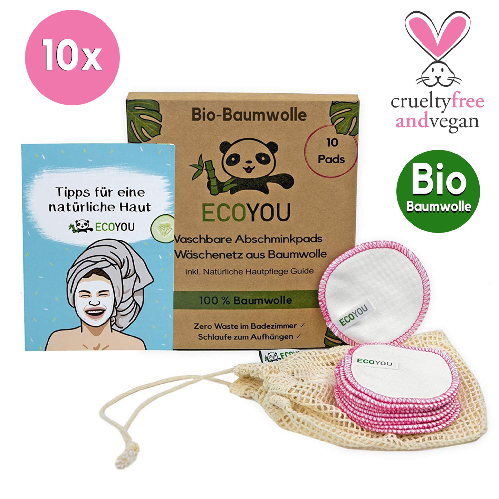 Set mit 10 waschbaren Abschminkpads aus Bio-Baumwolle, Netzbeutel, Anleitung für natürliche Hautpflege und vegan Label.