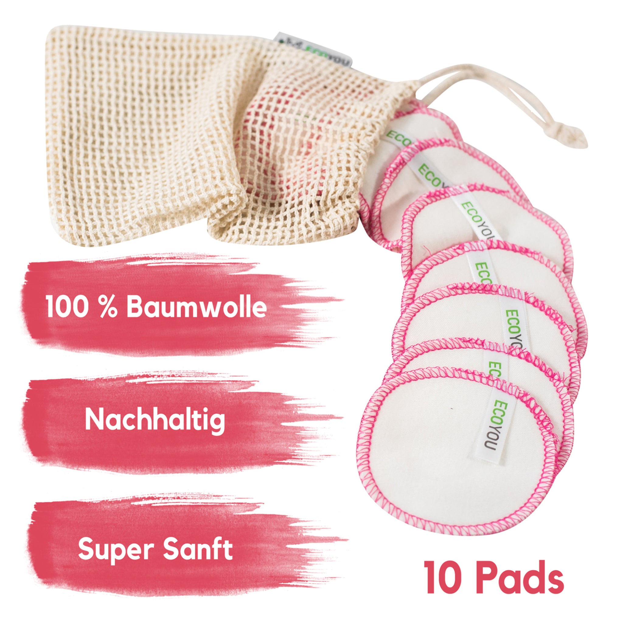 Wiederverwendbare Baumwoll-Pads in einem Netzbeutel, mit Beschriftungen: "100 % Baumwolle", "Nachhaltig", "Super Sanft".