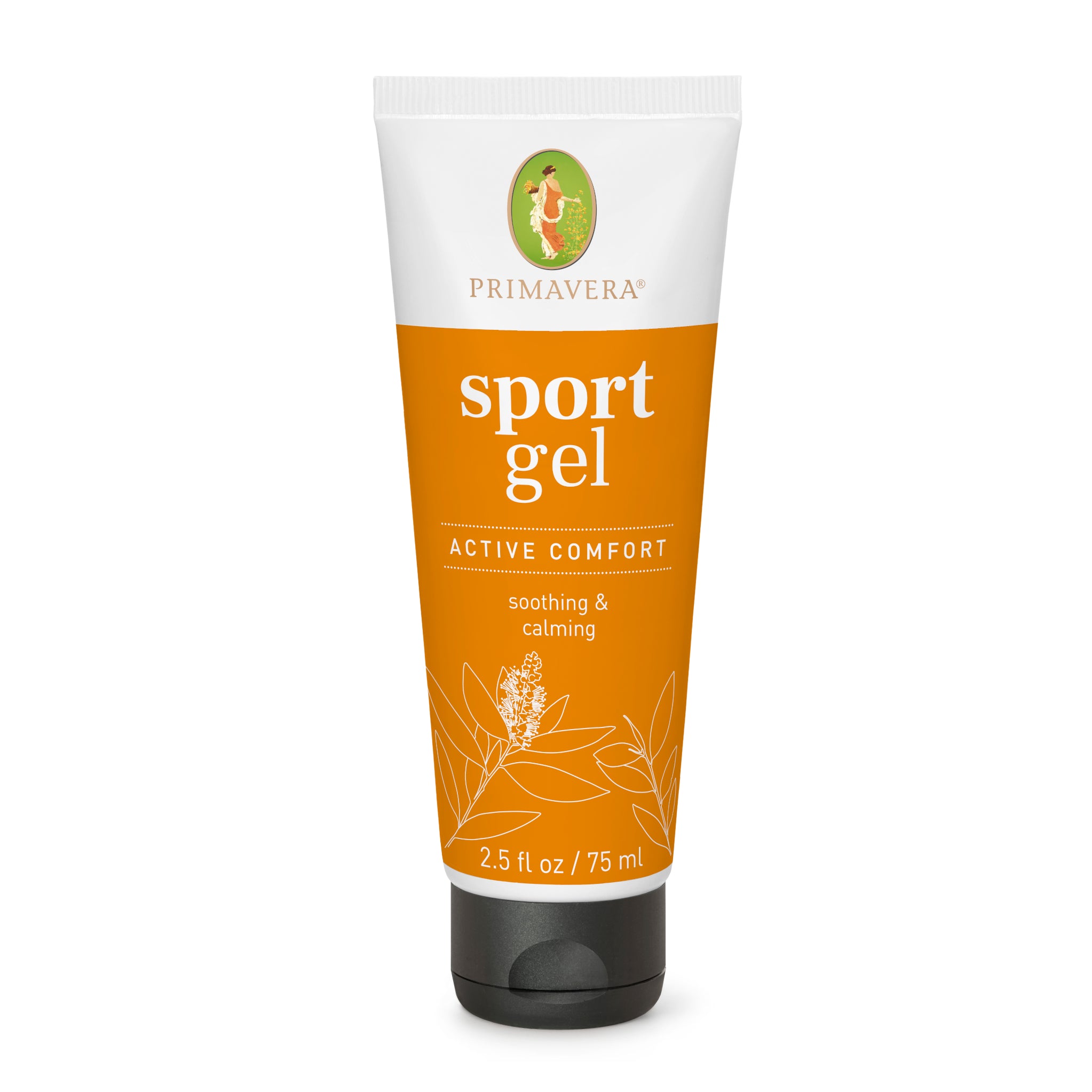 Eine Tube Primavera Sport Gel Active Comfort mit einem weiß-orangenen Etikett. Die Tube ist mit Pflanzenbildern und einem Text versehen, der darauf hinweist, dass es wohltuend und beruhigend ist, 2,5 fl oz (75 ml).