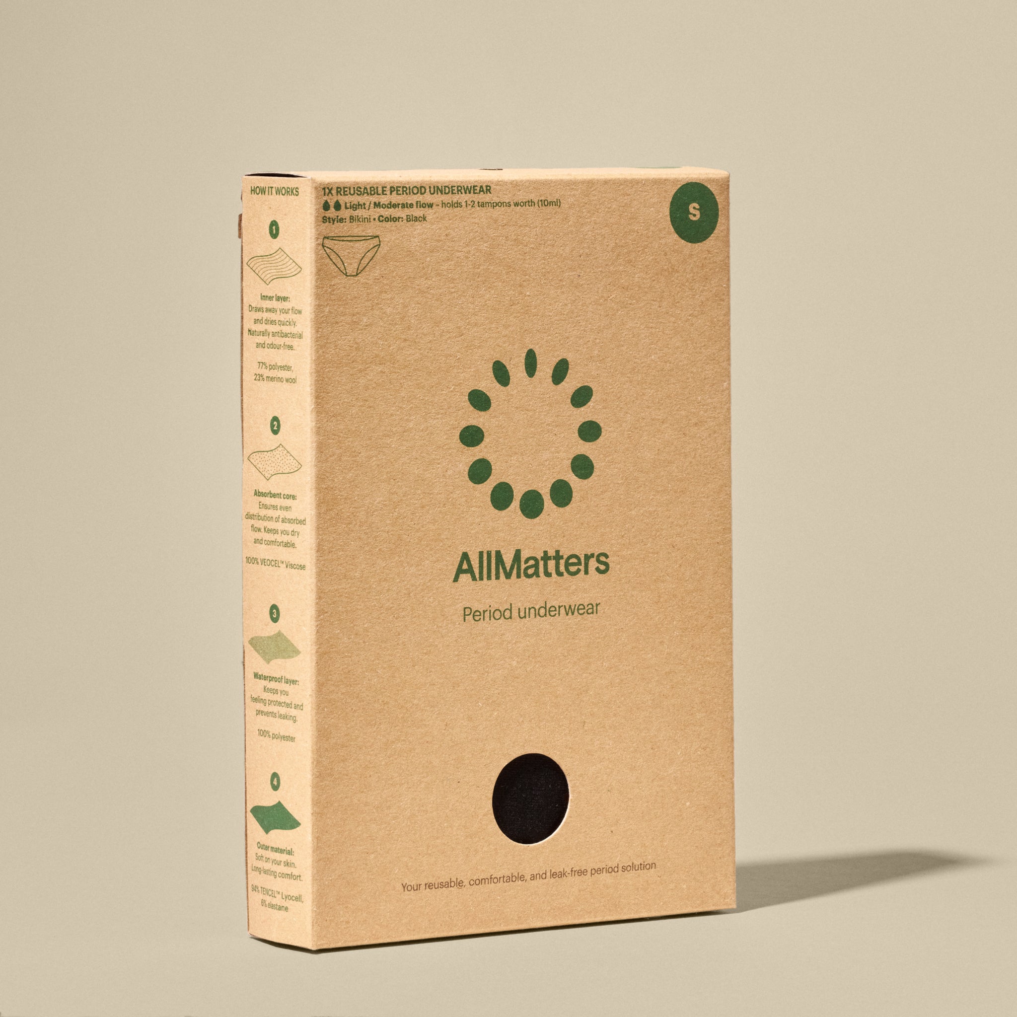Kartonverpackung von AllMatters Periodenunterwäsche in neutraler Farbe, mit grünen Grafiken und Text, Größe S.