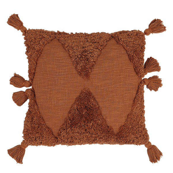 Braunes Kissen mit geometrischem Muster und Quasten an den Ecken.