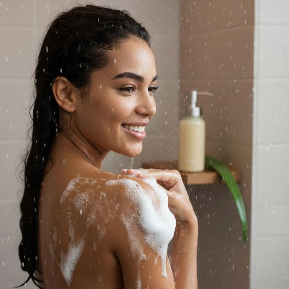 Eine Frau mit nassem Haar lächelt, während sie sich in der Dusche die Schulter wäscht, umgeben von Seifenlauge. Eine Flasche Seife und ein grünes Blatt stehen auf einem Regal im Hintergrund. Wassertröpfchen sind in der Luft zu sehen.