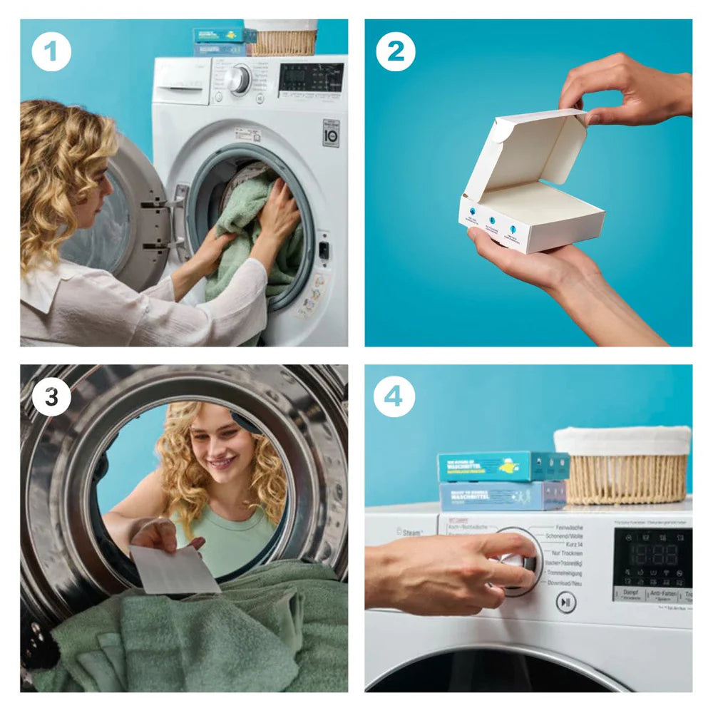 Eine Collage mit vier Schritten zeigt eine Frau, die Wäsche in eine Waschmaschine einlegt, eine Schachtel mit Waschmitteltüchern öffnet, ein Tuch in die Waschmaschine legt und den Drehknopf der Maschine dreht, um sie zu starten.