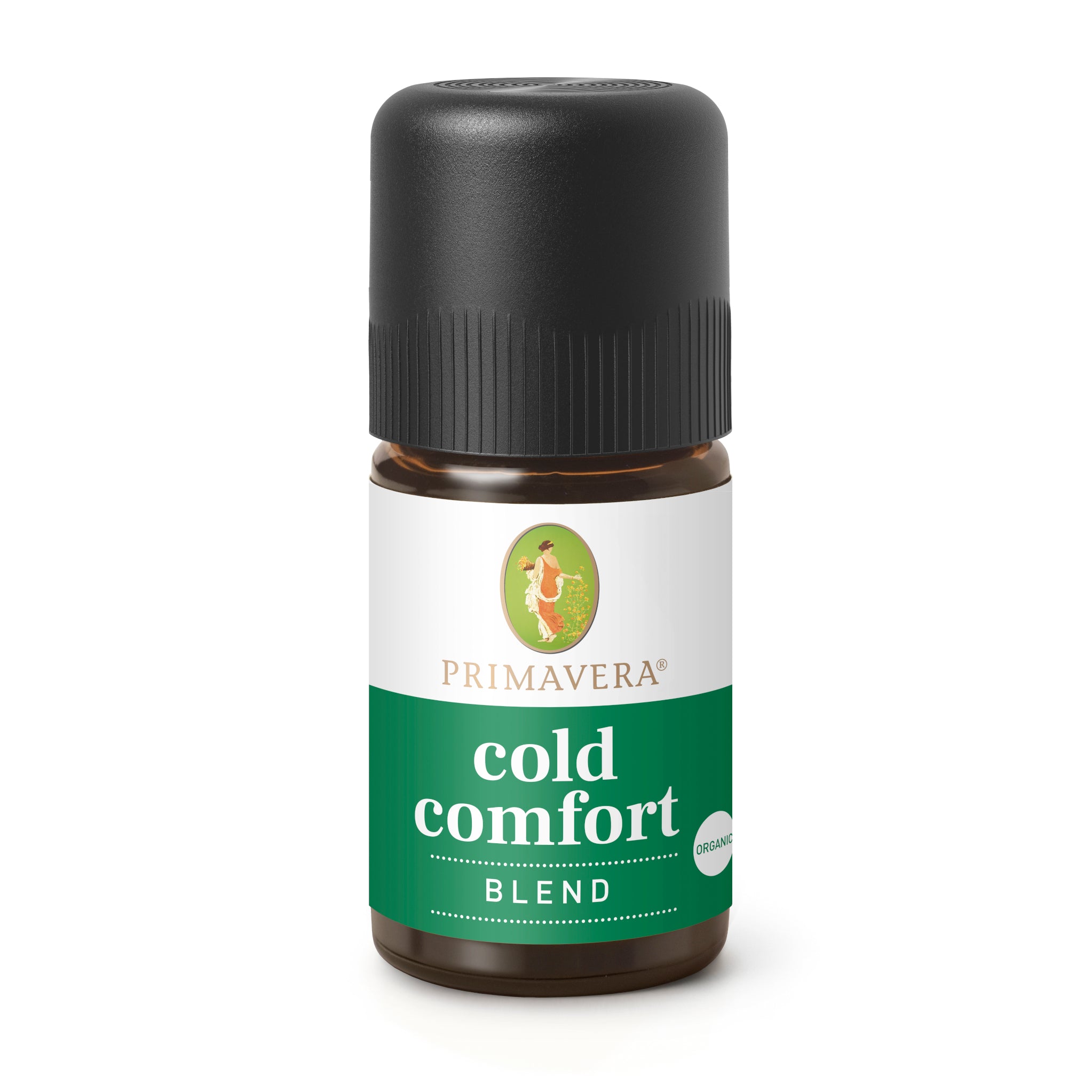 Eine kleine braune Flasche mit einer schwarzen Kappe, beschriftet mit Primavera Cold Comfort Blend. Das Etikett ist weiß und grün mit einem goldenen Logo, das eine Frau und das Wort Bio in der Ecke zeigt.