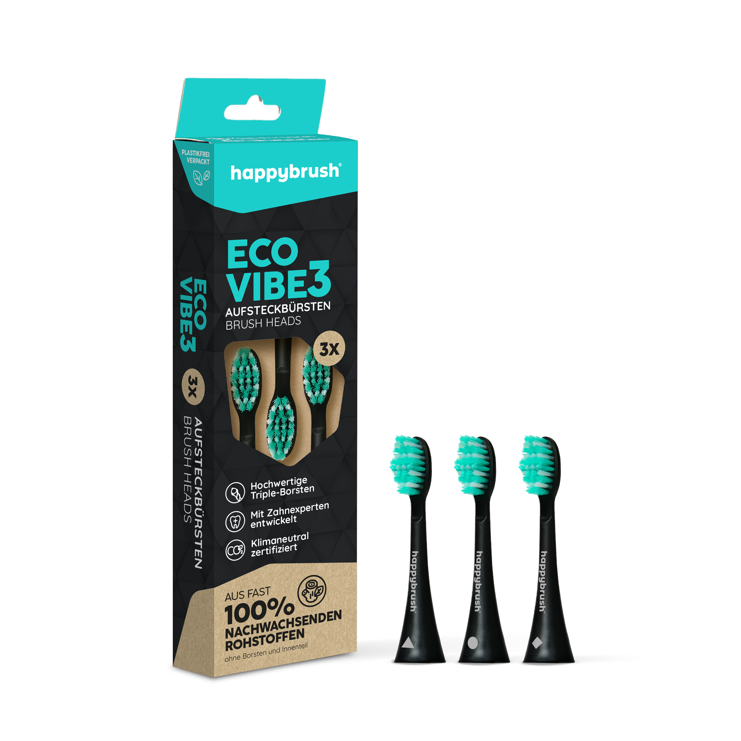 happybrush Eco-Aufsteckbürsten "Schall V3" 3er Set Blackmint