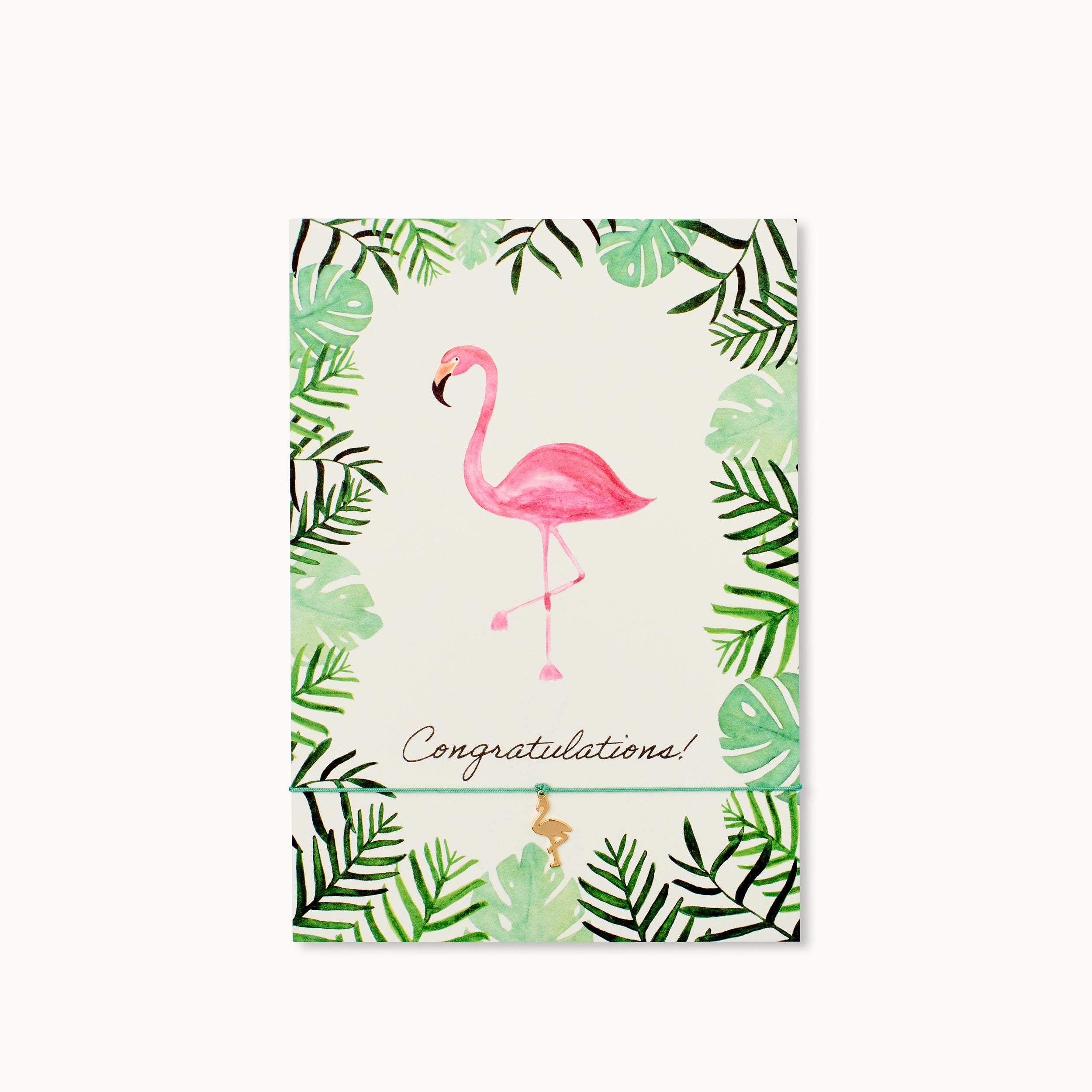 Karte mit rosa Flamingo umgeben von grünen Blättern und dem Schriftzug "Congratulations!".