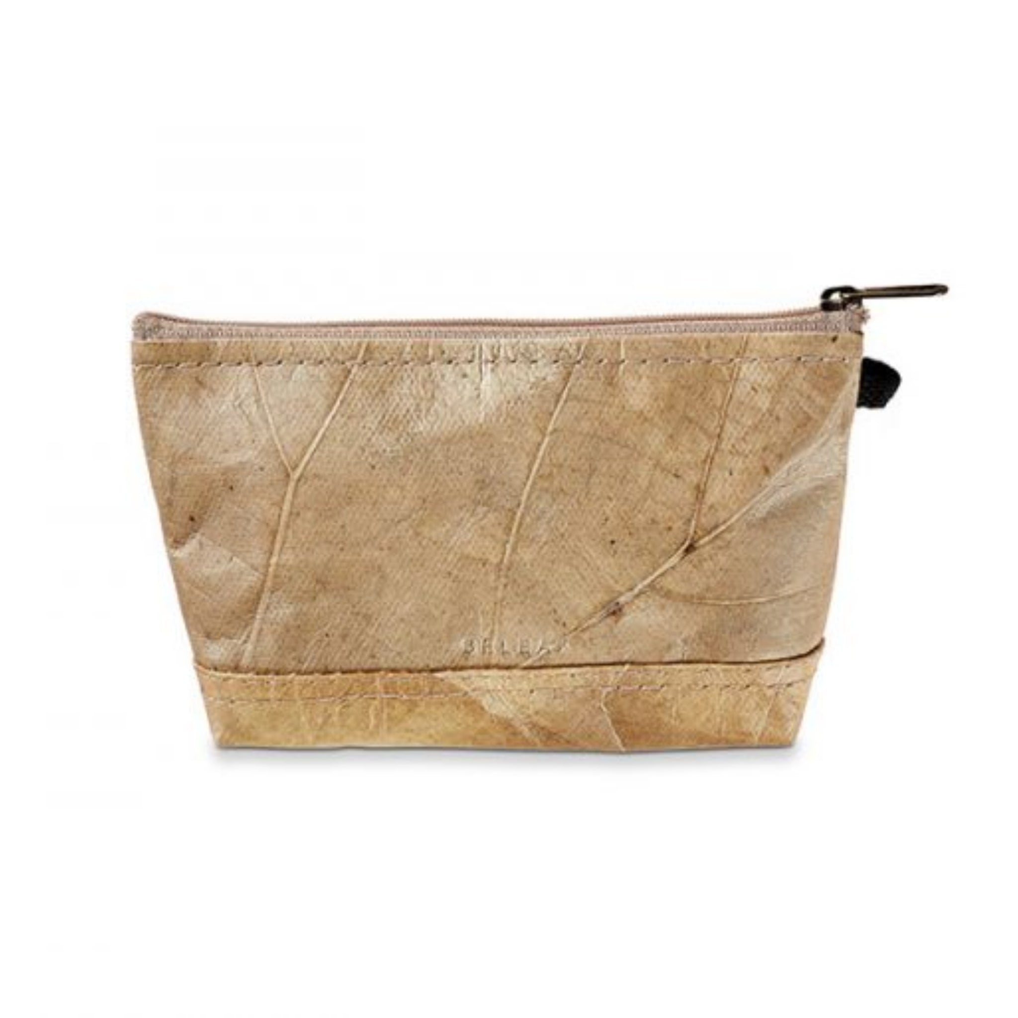 Beige Kosmetiktasche mit Blattstruktur, Reißverschluss oben und schwarzem Band an der Seite.