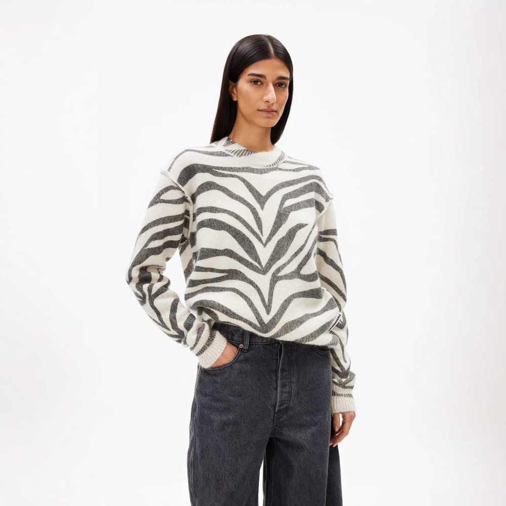 ARMEDANGELS Strick Pullover "BALBAA PREMIUM ZEBRARAA" Oatmilk-Black