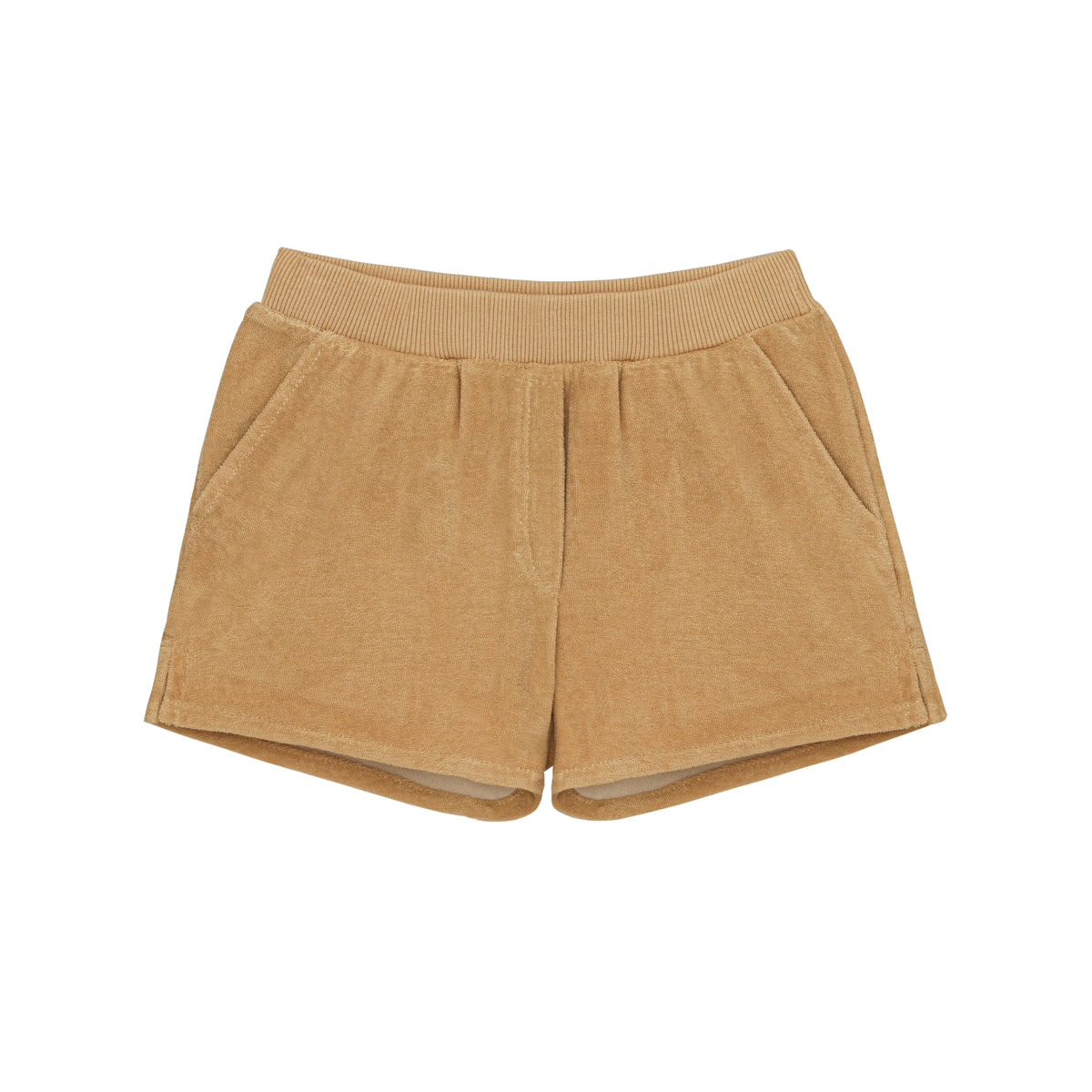 Beigefarbene Cordshorts mit elastischem Bund und zwei Seitentaschen, flach auf weißem Grund.