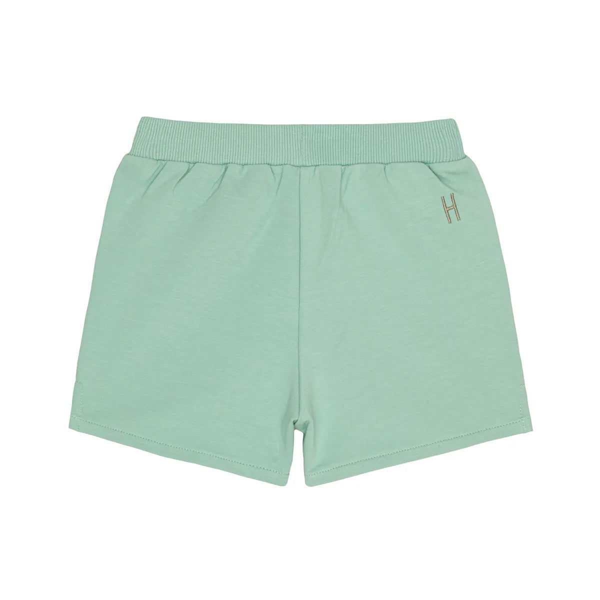 Hellgrüne Shorts mit elastischem Bund, einfachem Design und einem kleinen gestickten Buchstaben H auf der linken Seite in der Nähe der Taille. Die Shorts liegen flach auf einem weißen Hintergrund.