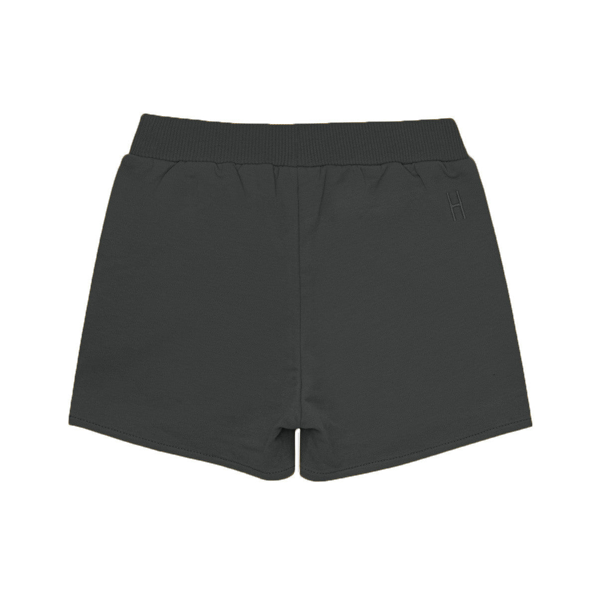 Einfarbige, dunkelgraue Shorts mit einem elastischen Bund und einem kleinen H-Logo oben links auf weißem Hintergrund.