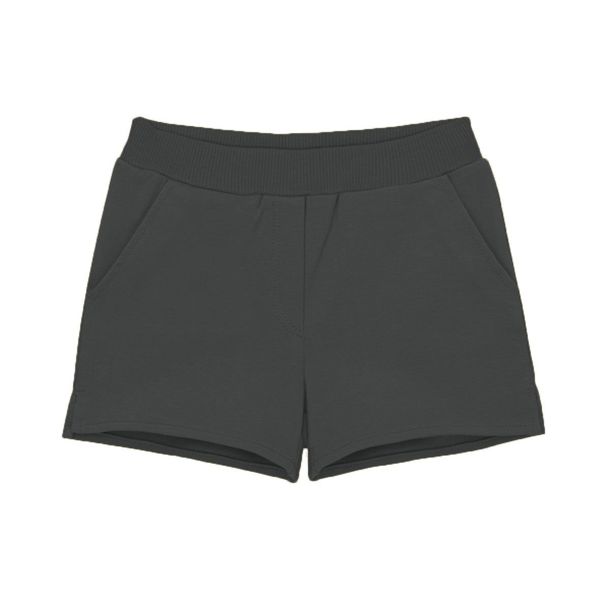 Dunkelgraue Freizeitshorts mit elastischem Bund und zwei Seitentaschen, flach auf weißem Hintergrund.