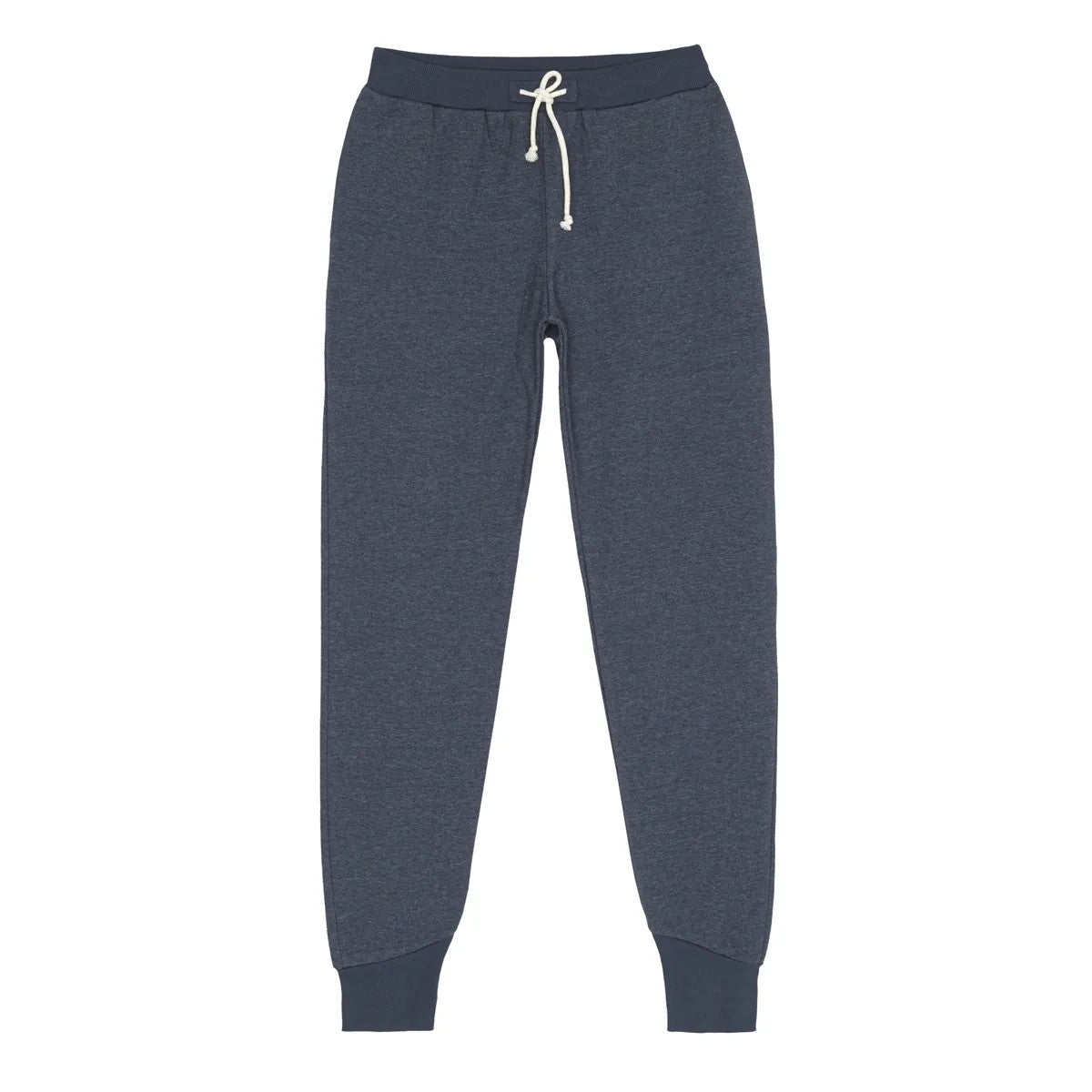 Graue Jogginghose mit elastischem Bund, weißem Kordelzug, Bündchen an den Knöcheln und Seitentaschen, flach auf weißem Grund.