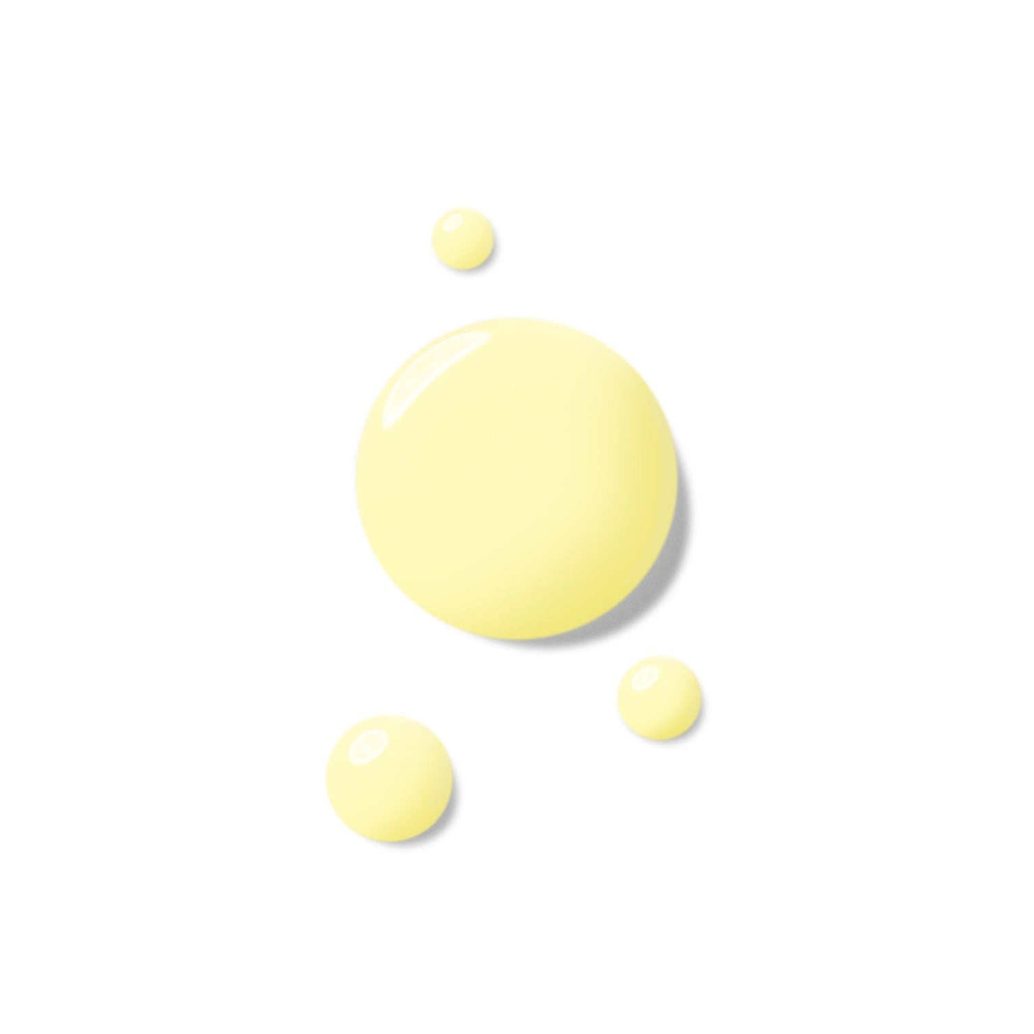 Fünf gelbe Flüssigkeitstropfen unterschiedlicher Größe auf weißem Hintergrund.