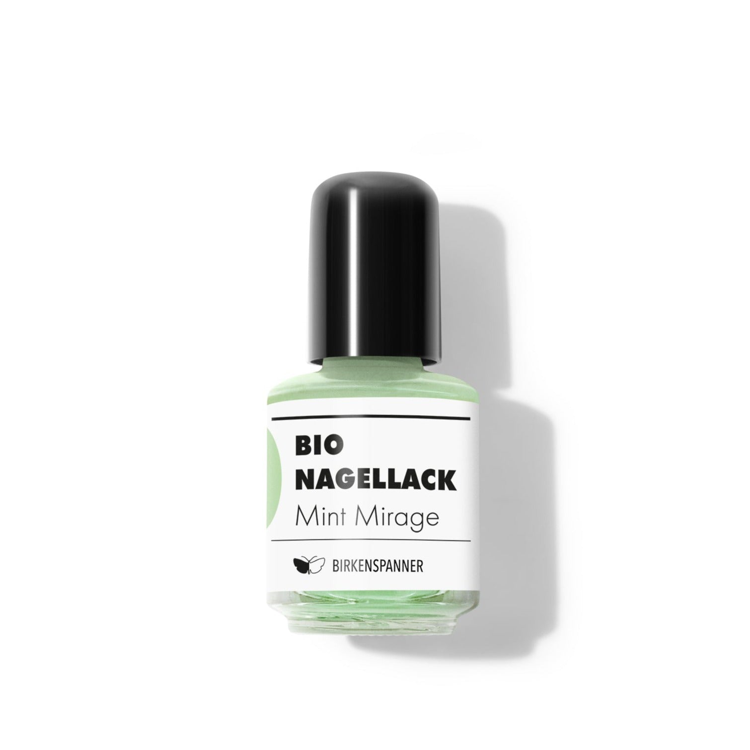 Grüne Flasche Bio-Nagellack "Mint Mirage" mit schwarzem Verschluss und weißen Etikett auf weißem Hintergrund.