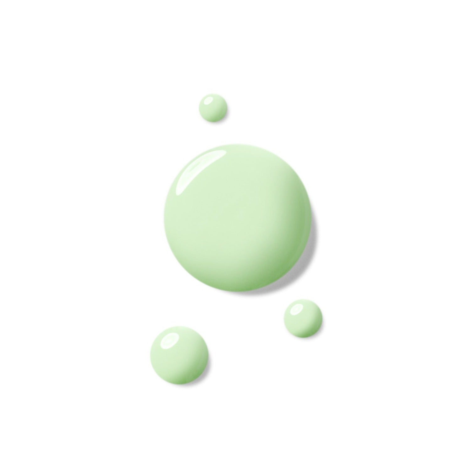 Grüne Tropfen auf weißem Hintergrund, in verschiedenen Größen angeordnet.