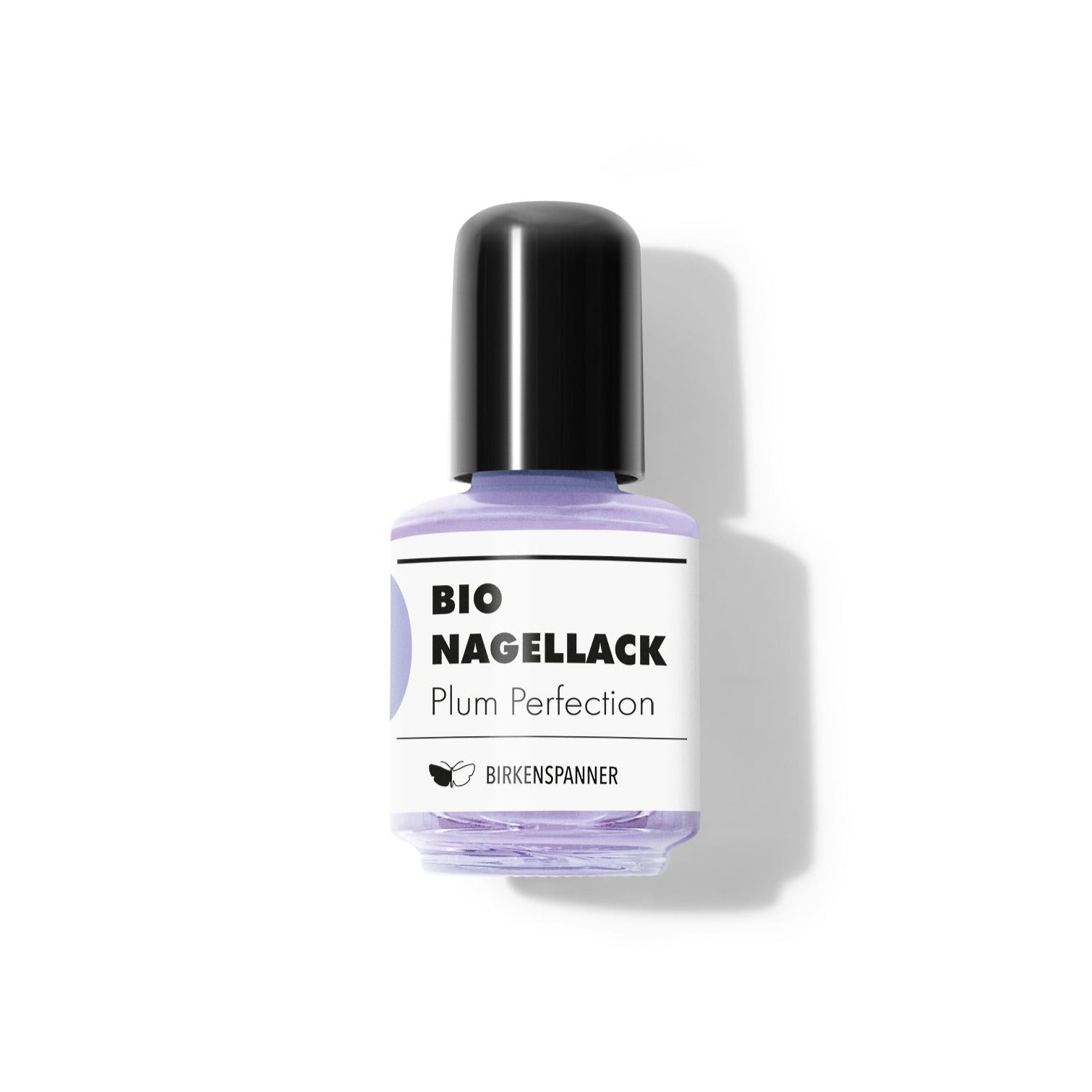 Flasche mit lila Bio-Nagellack, Beschriftung "Plum Perfection" und Marke "Birkenspanner" auf weißem Hintergrund.