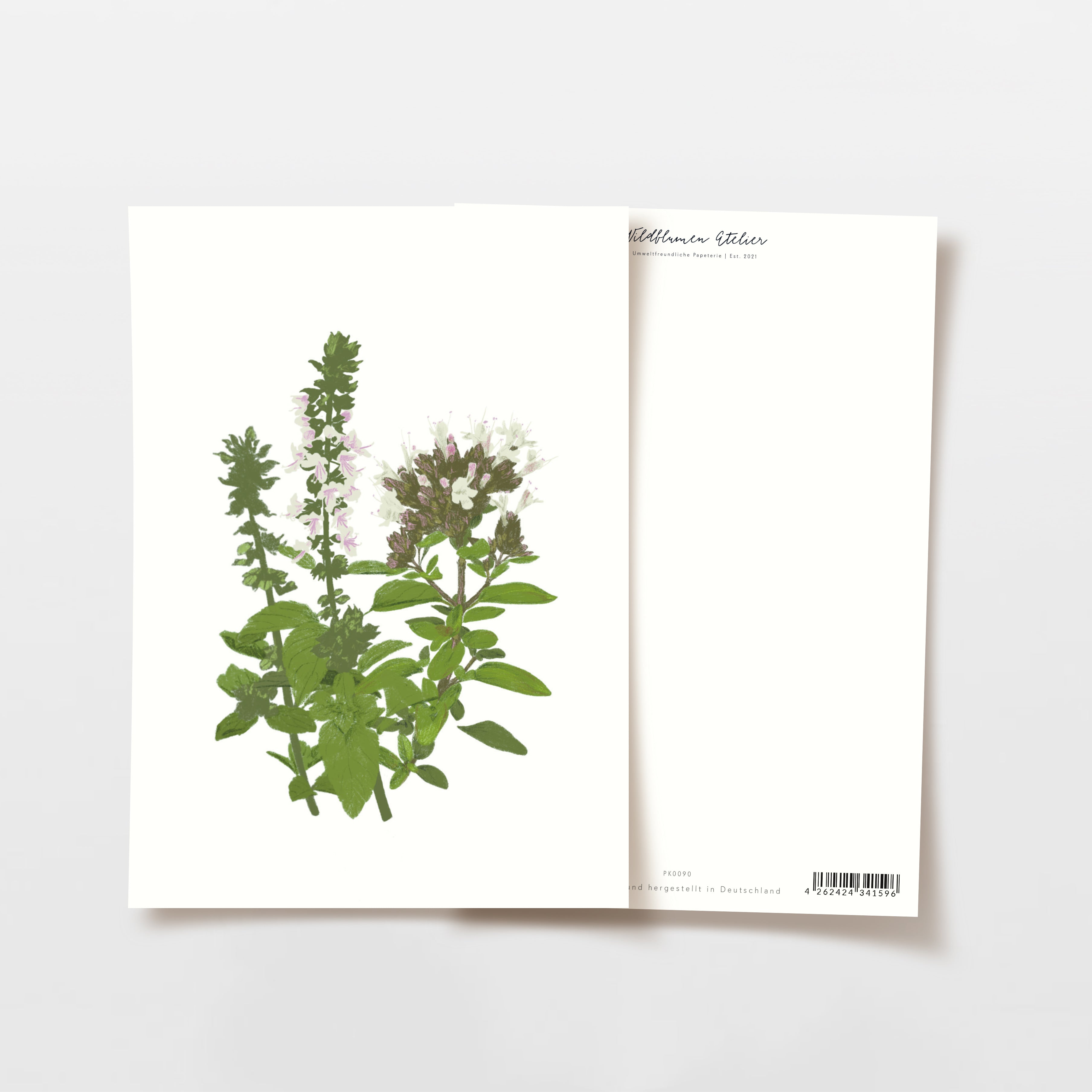 Zwei Karten mit Wildblumen-Illustrationen, eine mit einem botanischen Motiv, die andere zeigt die Rückseite.