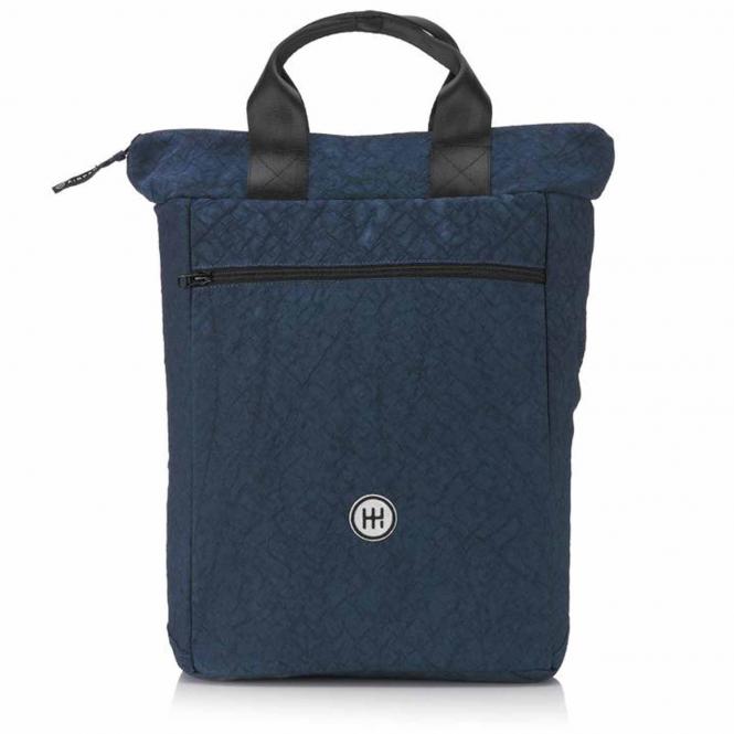 Dunkelblauer Rucksack mit schwarzen Griffen und einem Reißverschlussfach auf der Vorderseite.