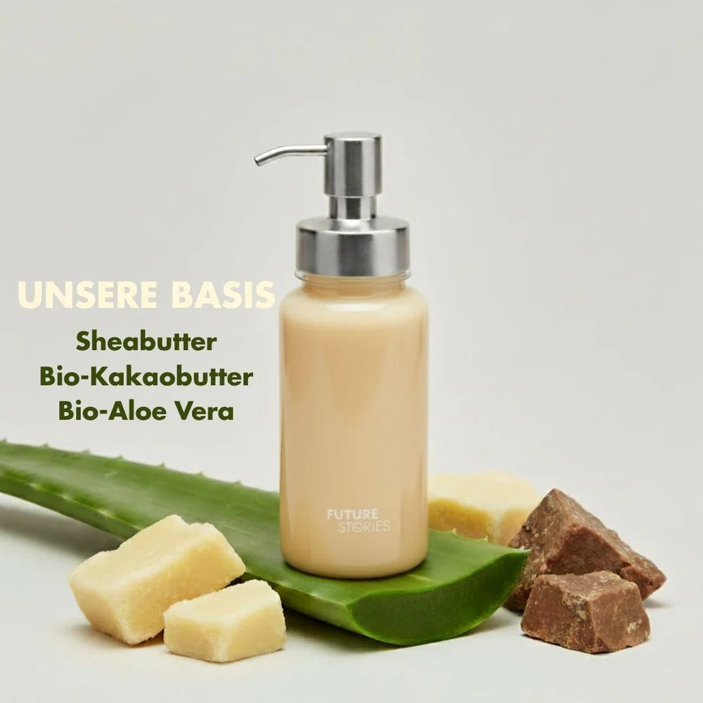 Eine Lotionflasche mit einer silbernen Pumpe steht auf einem Tisch neben einem Aloe-Vera-Blatt, Stücken von Sheabutter und Kakaobutter. Der Text lautet UNSERE BASIS Sheabutter Bio-Kakaobutter Bio-Aloe Vera.