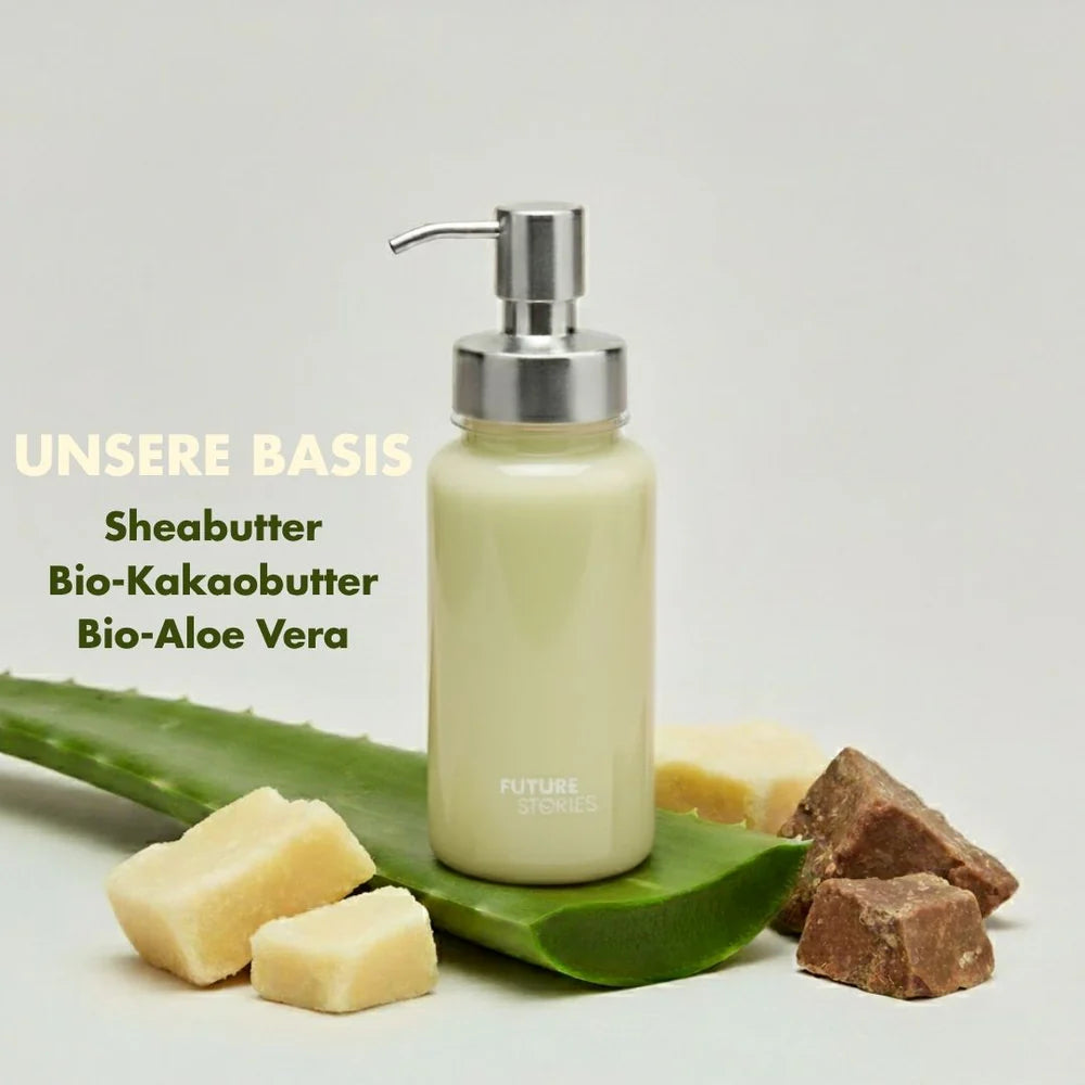 Eine Lotion-Spenderflasche steht auf einem Aloe-Vera-Blatt mit Stücken von Sheabutter und Kakaobutter. Der Text lautet: UNSERE BASIS: Sheabutter, Bio-Kakaobutter, Bio-Aloe Vera.
