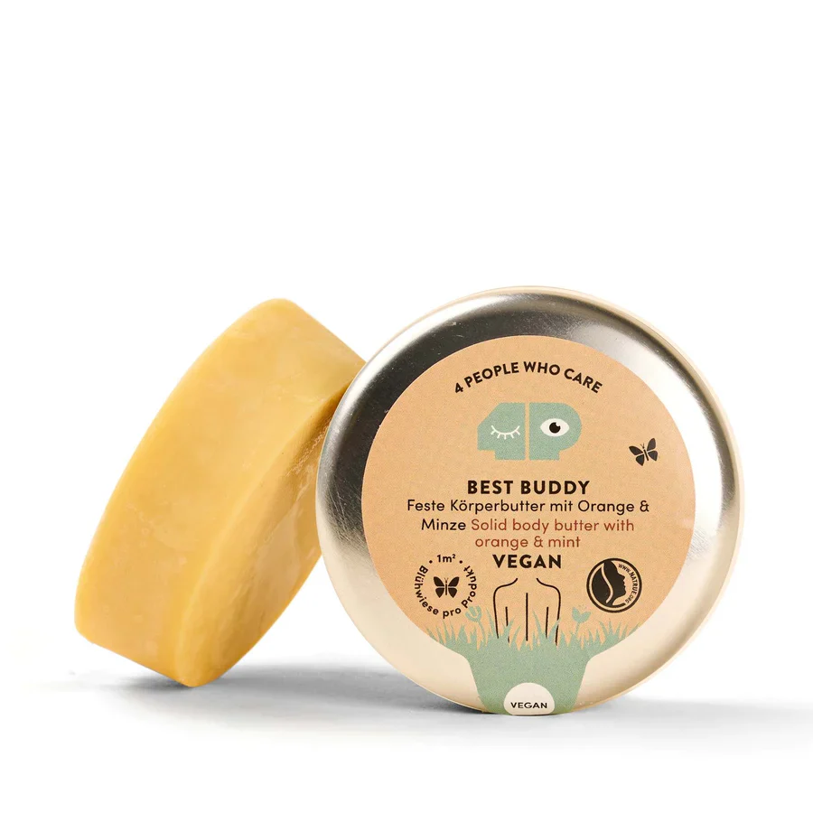 Runde Dose mit fester Körperbutter "Best Buddy", Duft von Orange und Minze, vegan, mit naturfarbenem Inhalt.