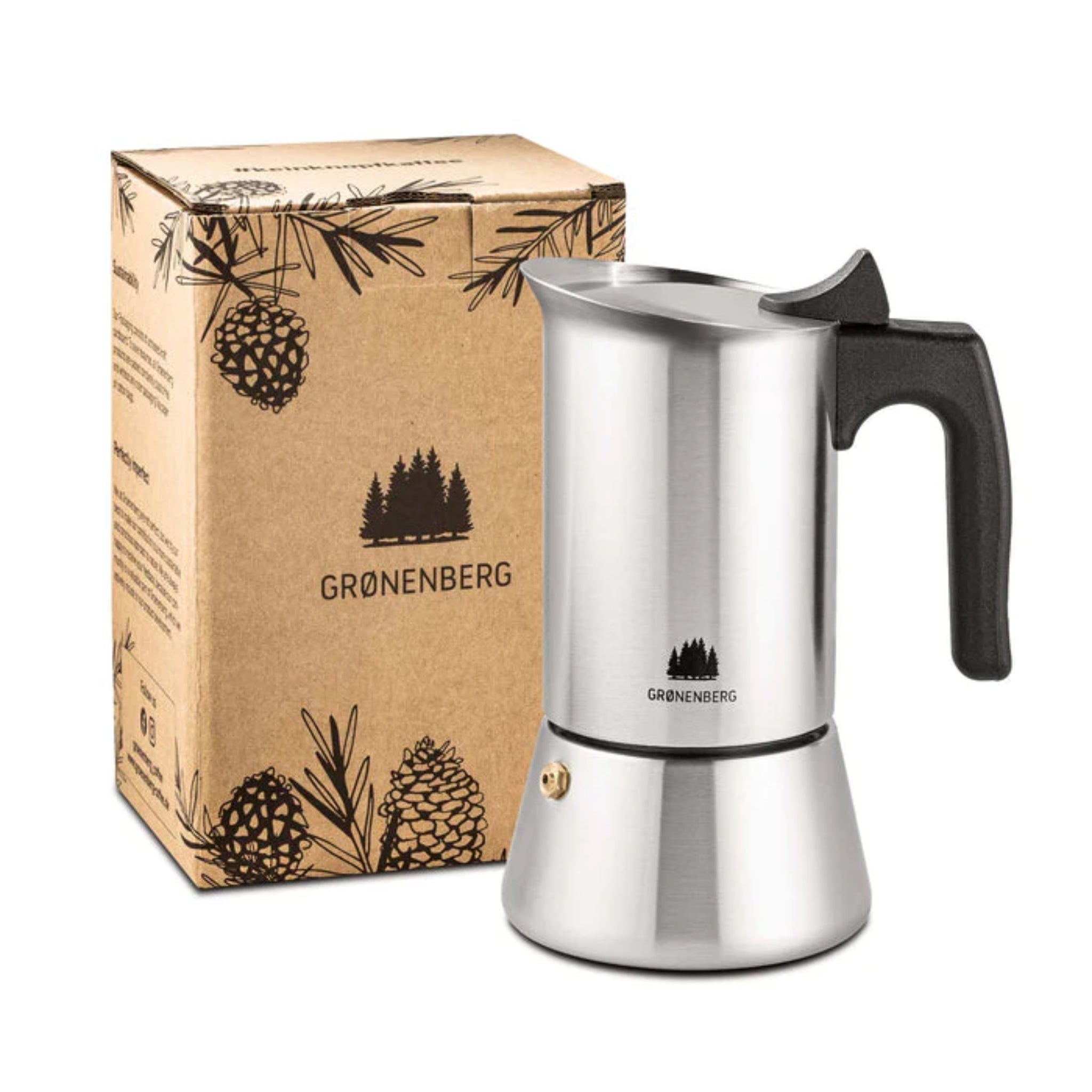 Silberne Espressokanne mit schwarzem Griff, neben einer bedruckten Verpackung mit Kiefernzapfen-Motiv.