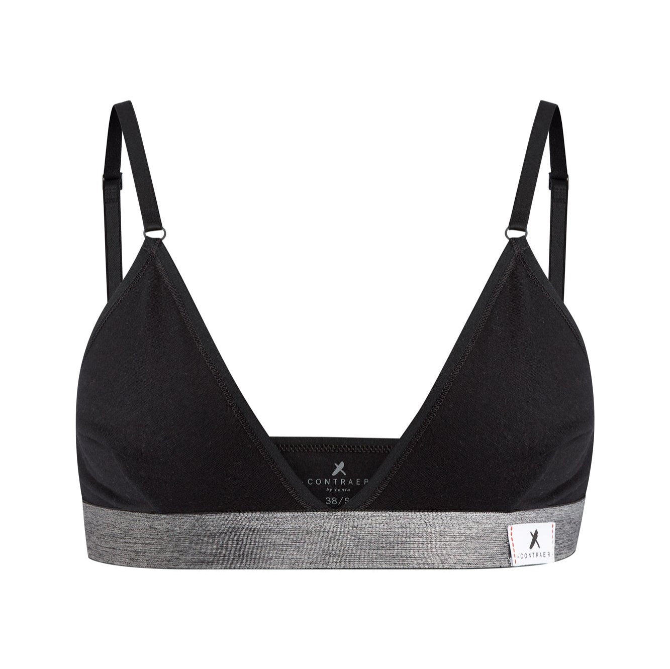 Schwarzer Triangel-BH mit grauem elastischem Unterbrustband und verstellbaren Trägern vor weißem Hintergrund.