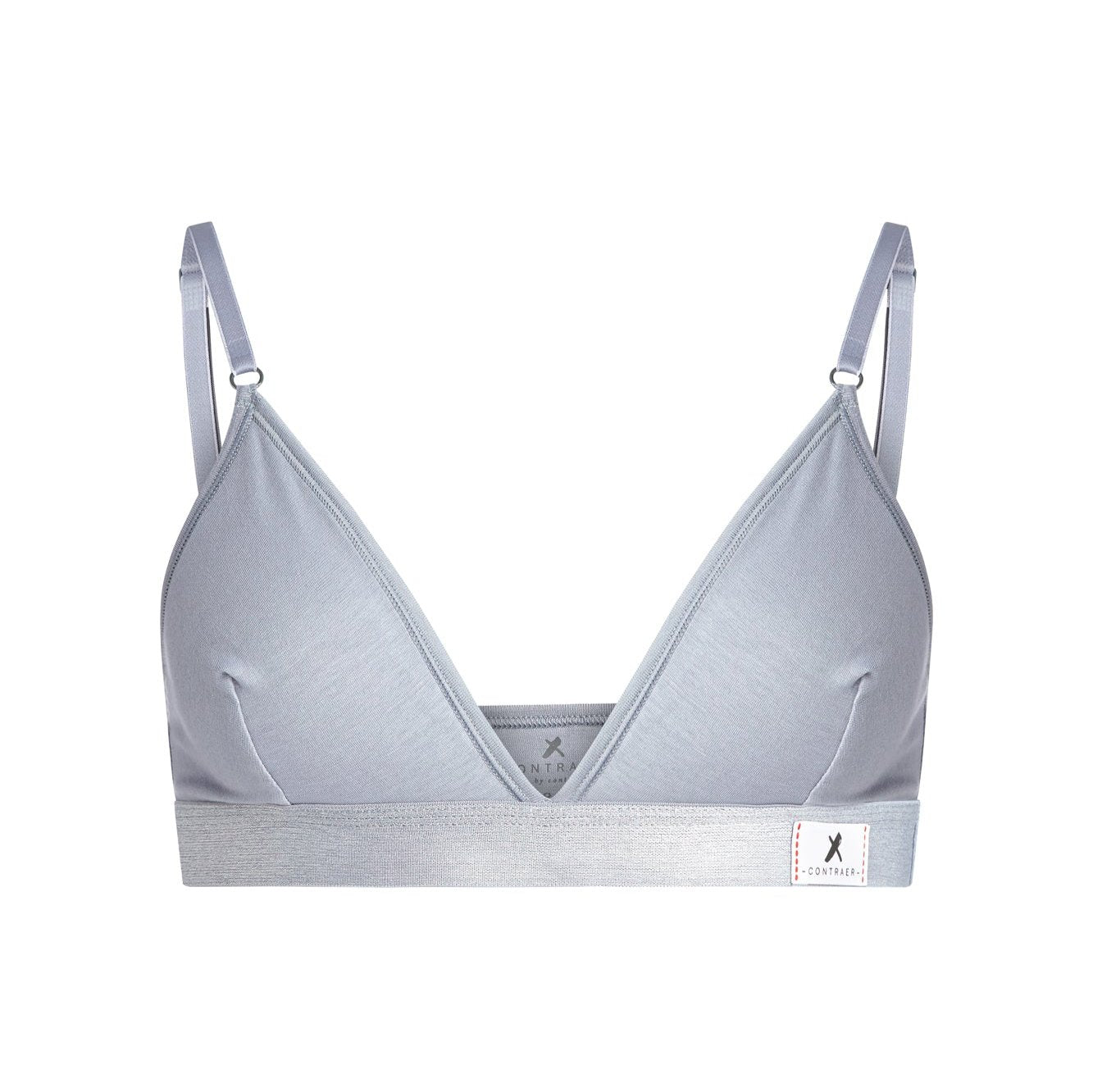 Grauer, bügelloser Damen-BH mit verstellbaren Trägern und einem Logo-Etikett auf dem elastischen Unterband.